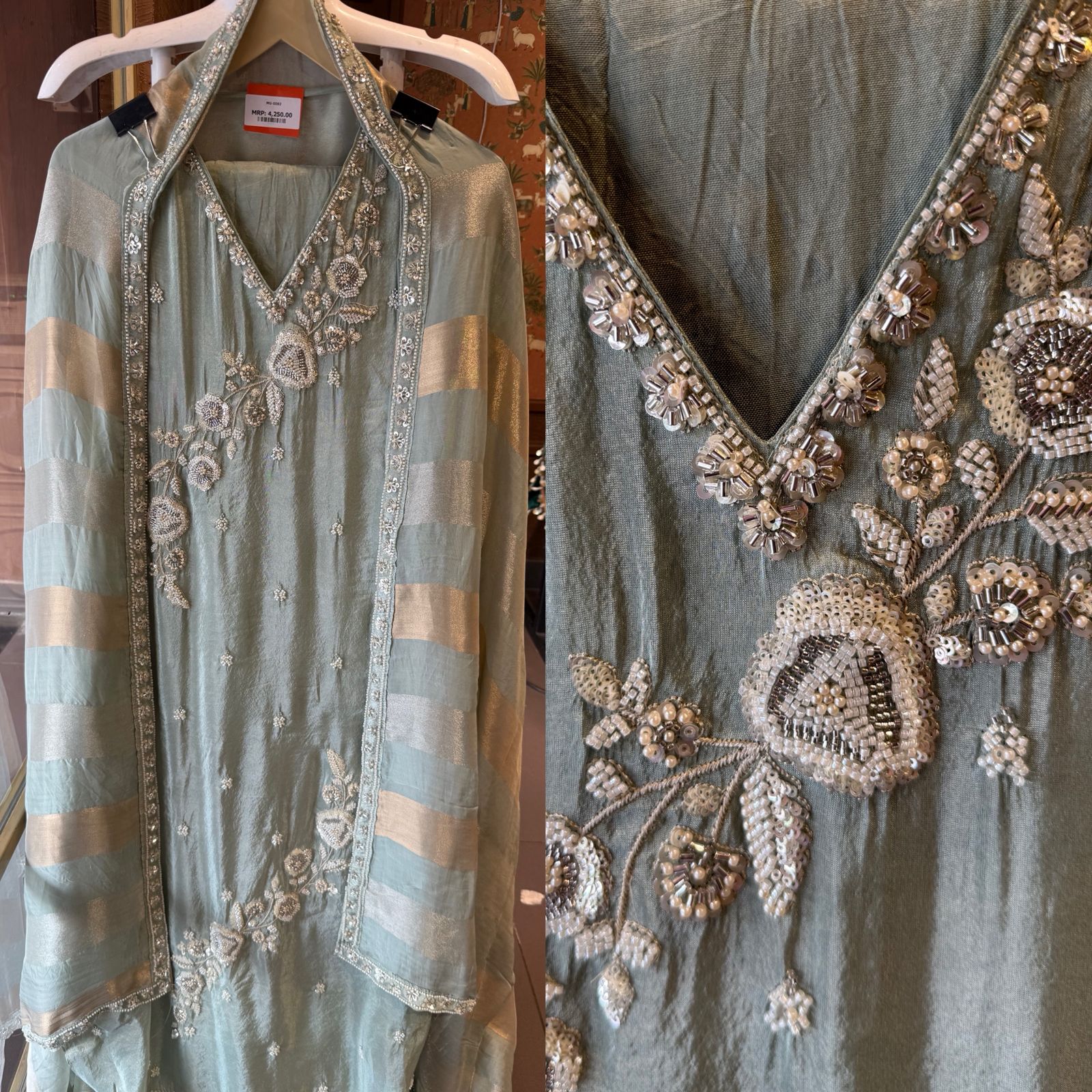 elegant suit set with intricate and delicate embroidery work