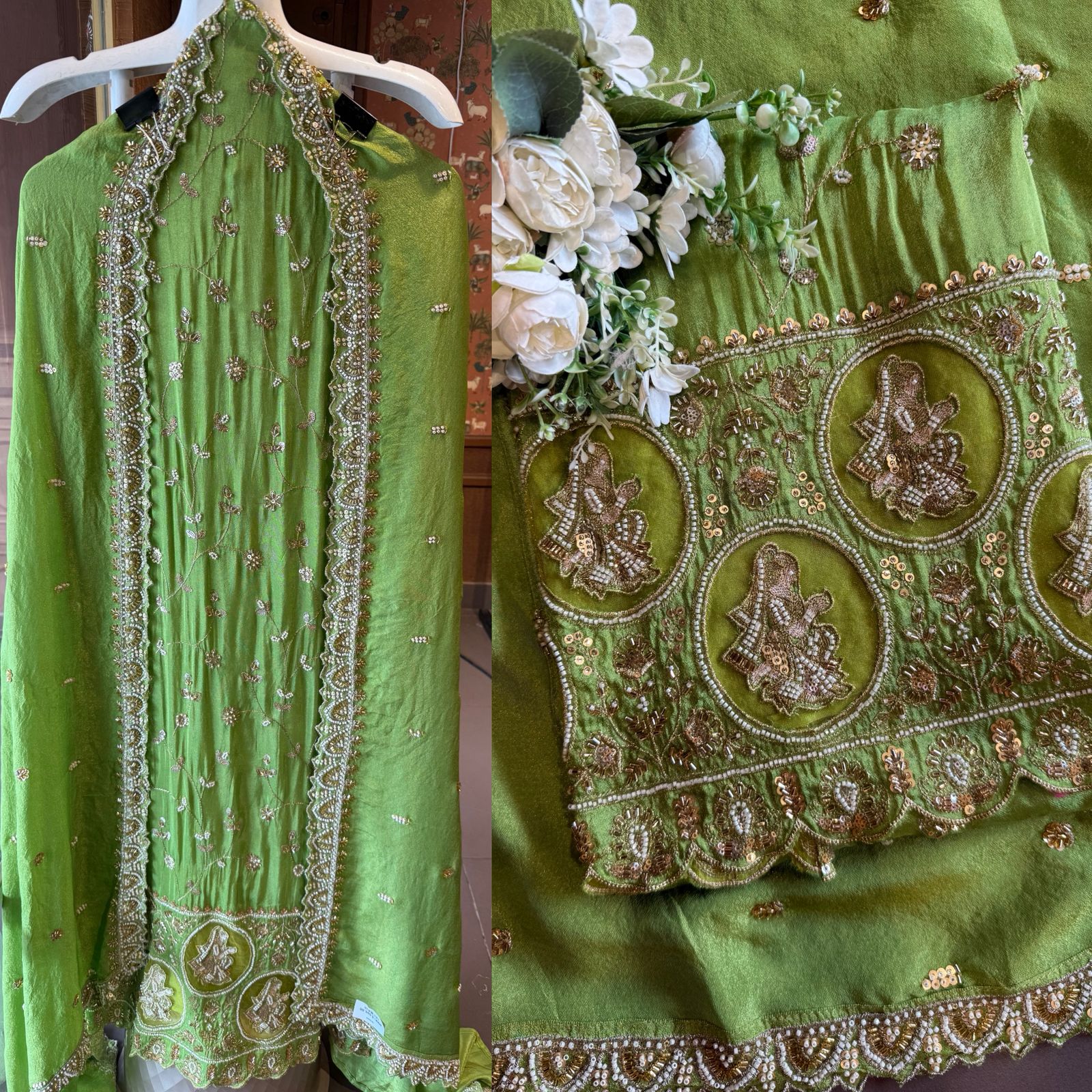 Lime green traditional Piece with elegant and intricate hand embroidery