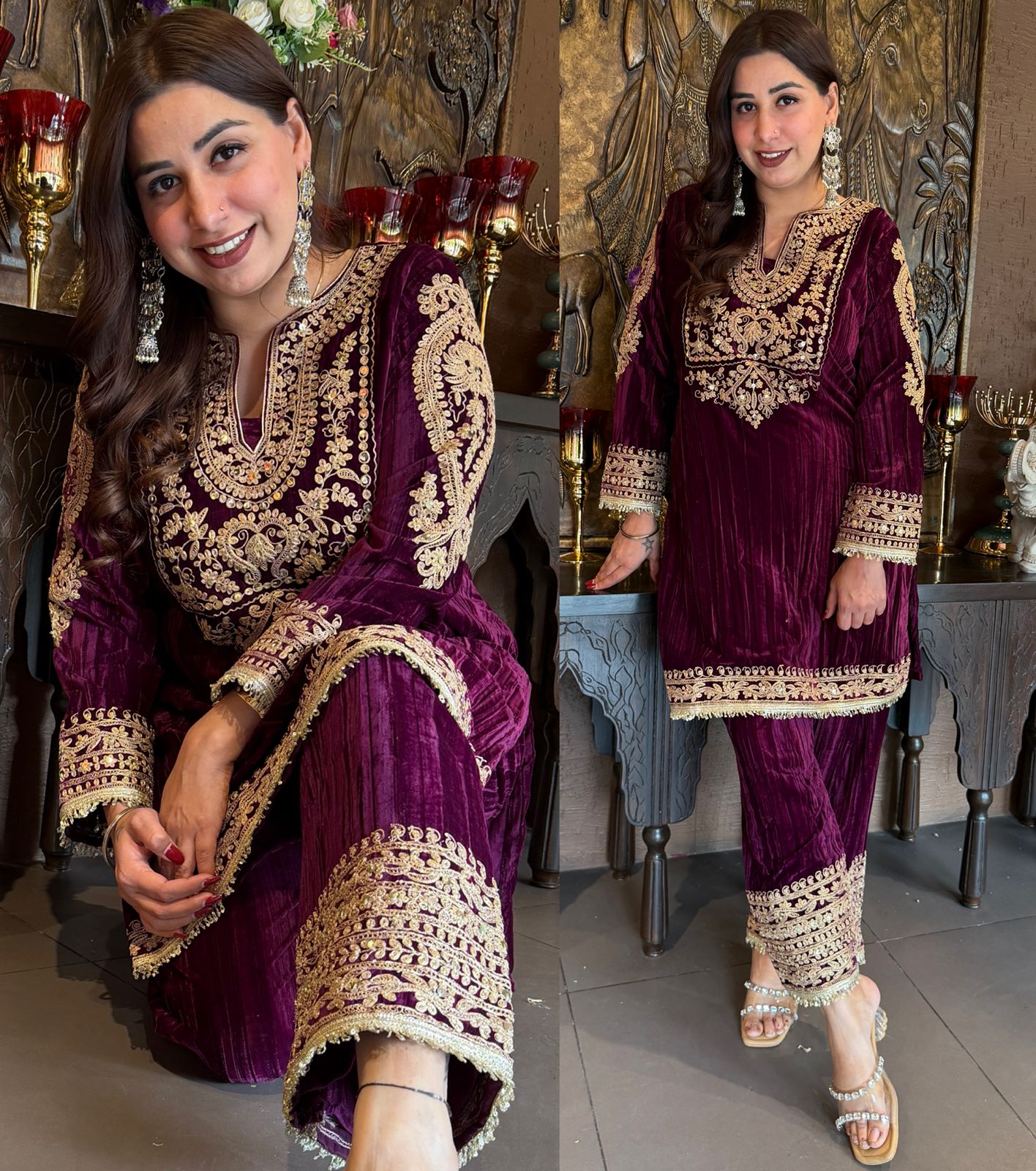 Deep purple velvet kurta set