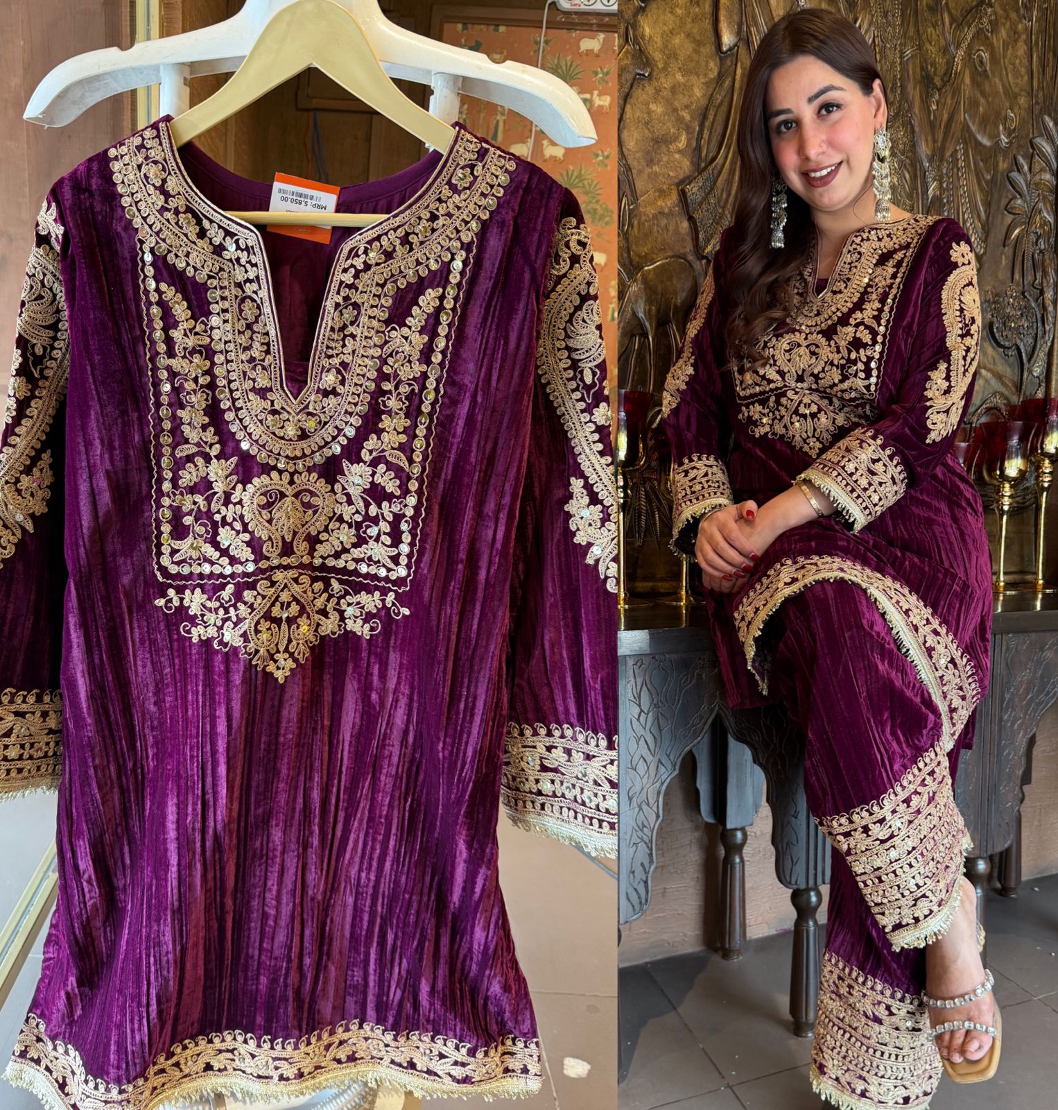 Deep purple velvet kurta set