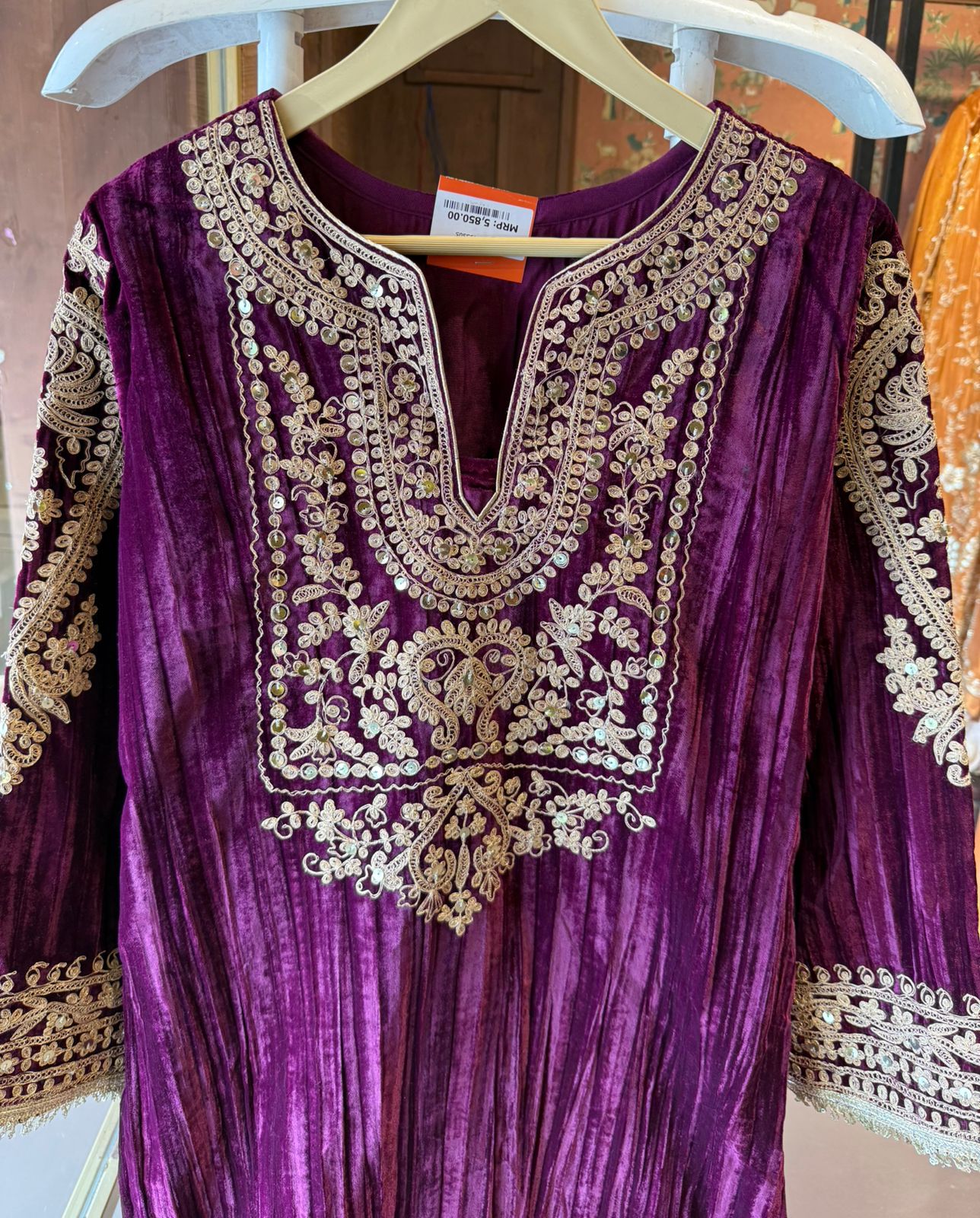 Deep purple velvet kurta set