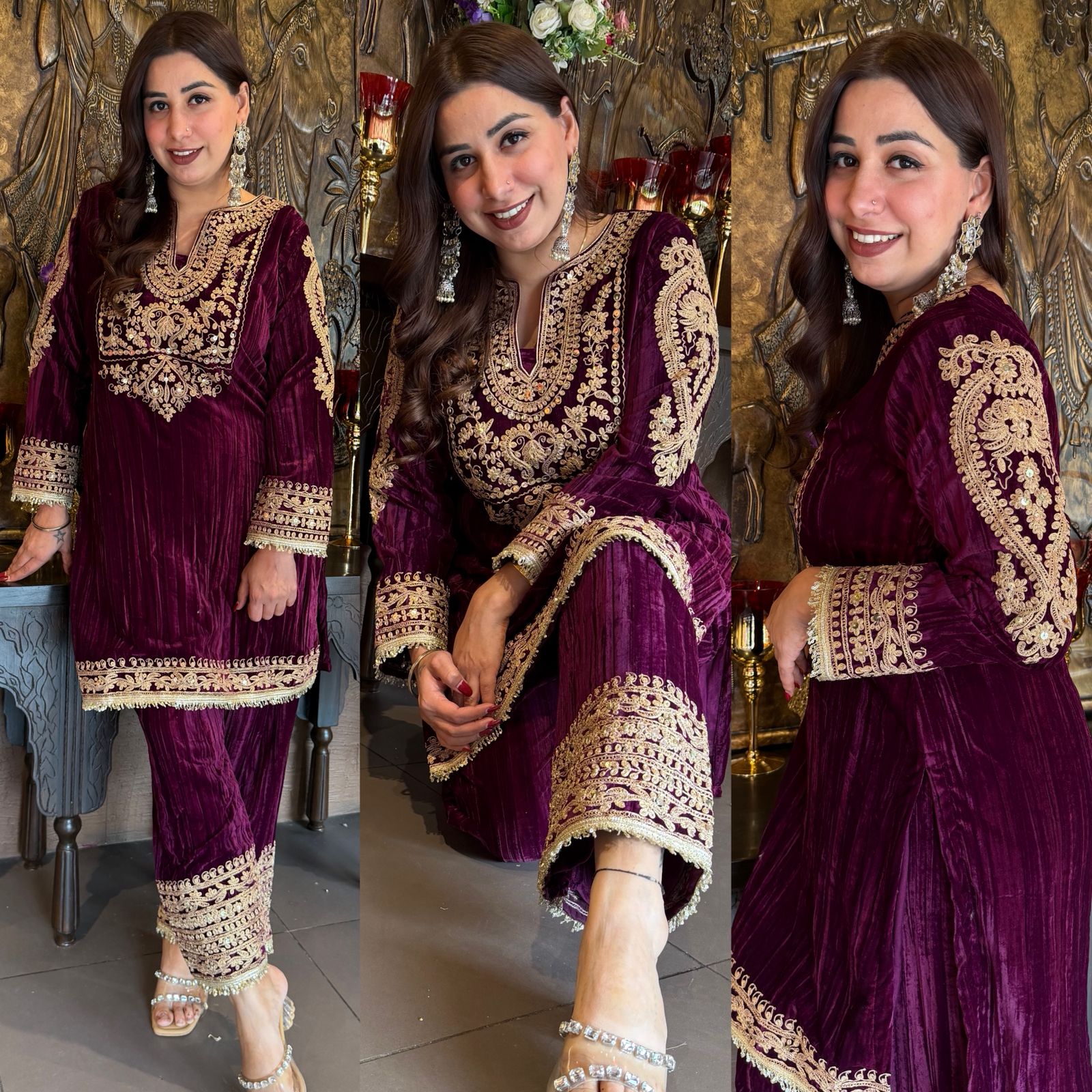 Deep purple velvet kurta set