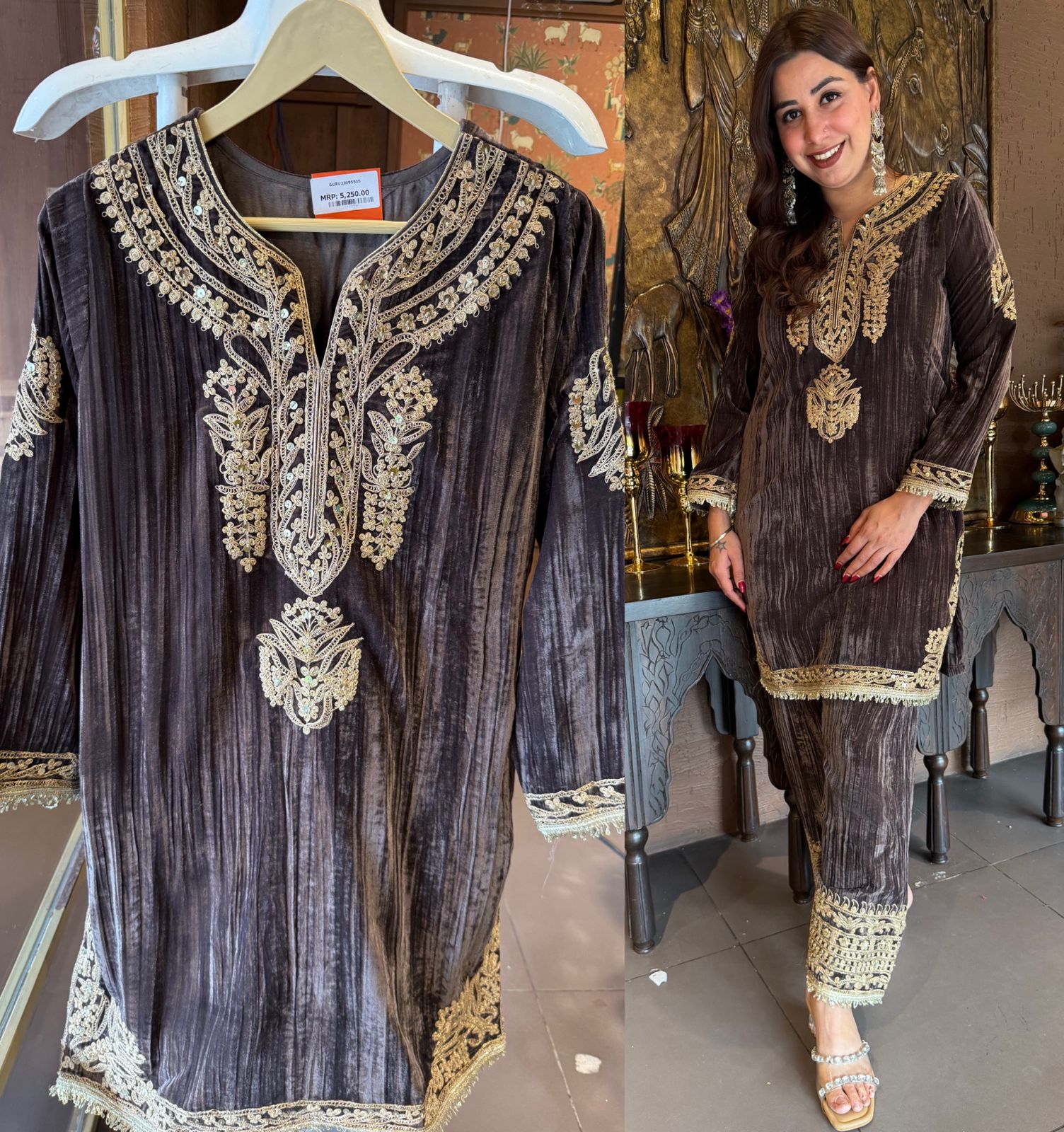 GREY velvet kurta set