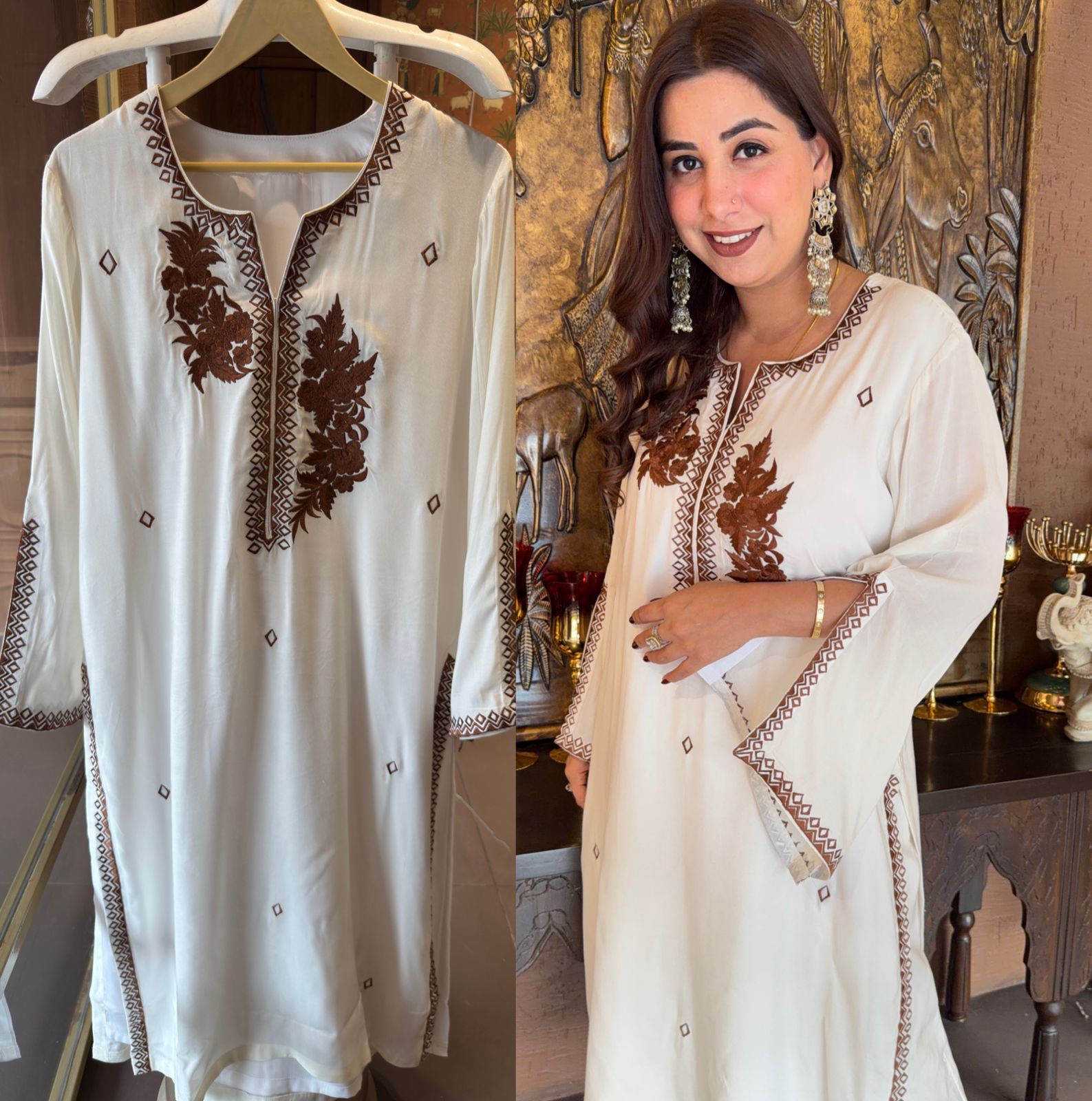 White-colored kurta featuring elegant embroidery