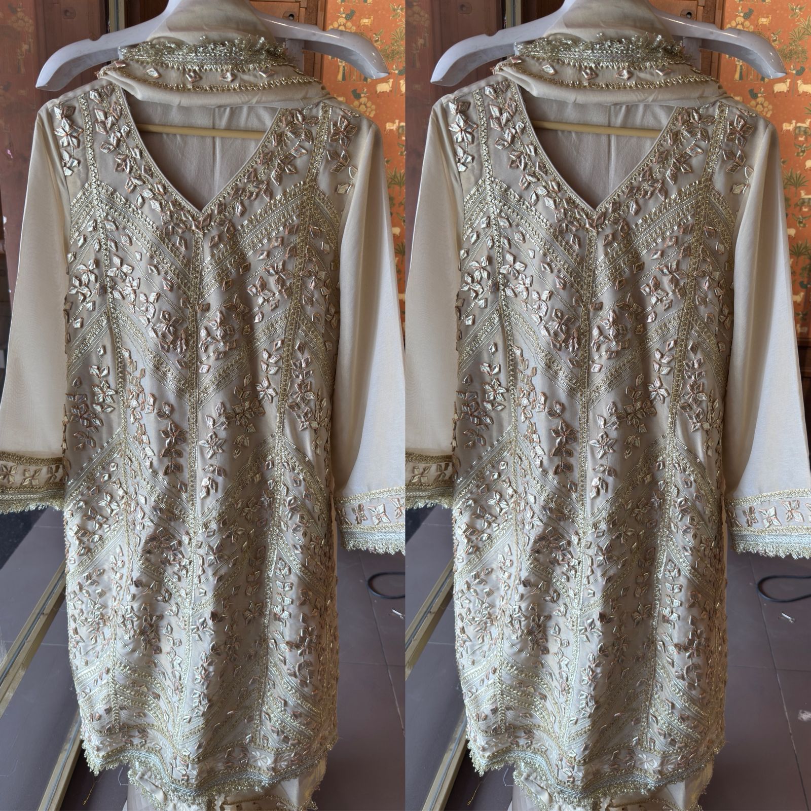 Elegant beige or off-white traditional suit