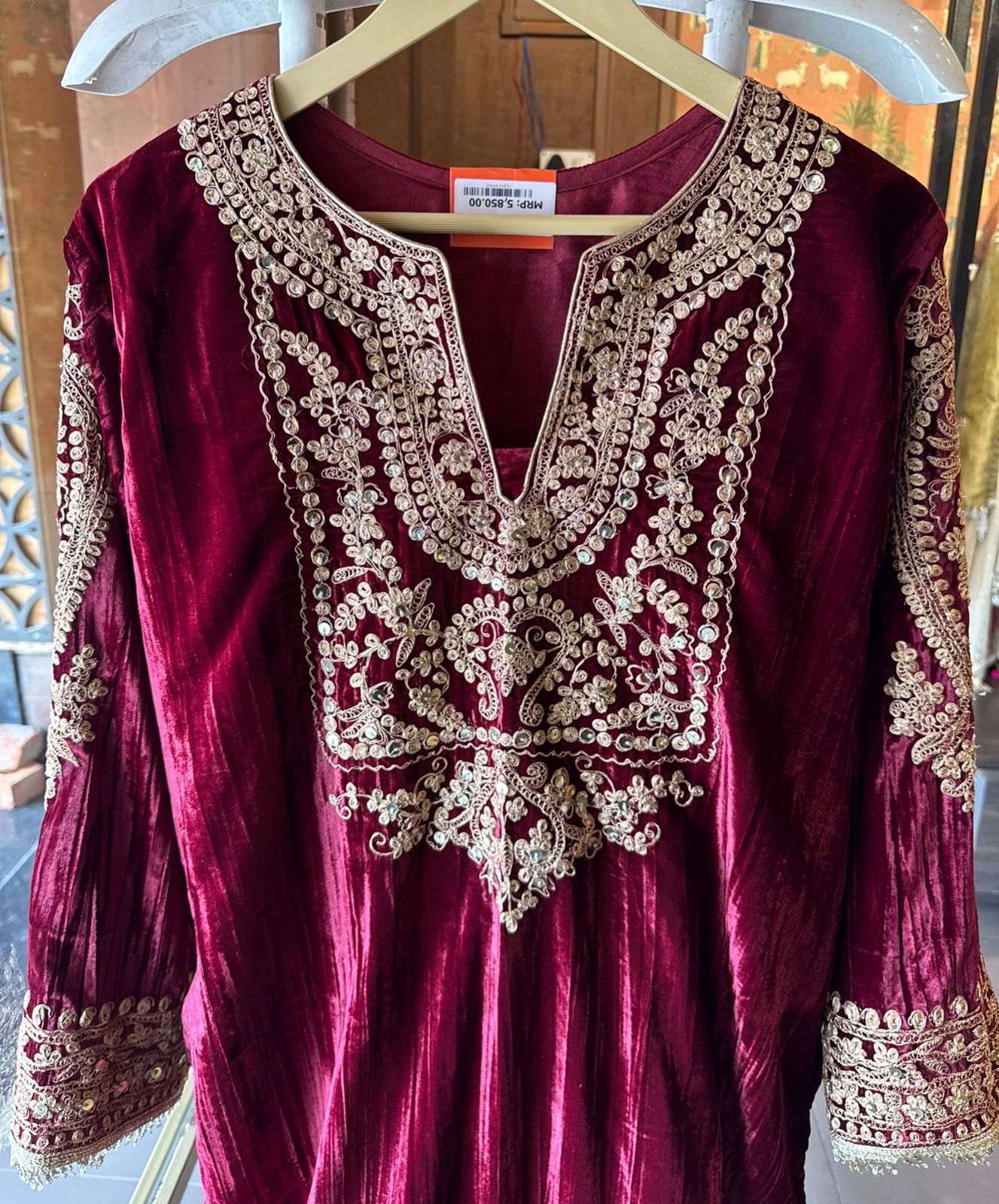 Deep purple velvet kurta set