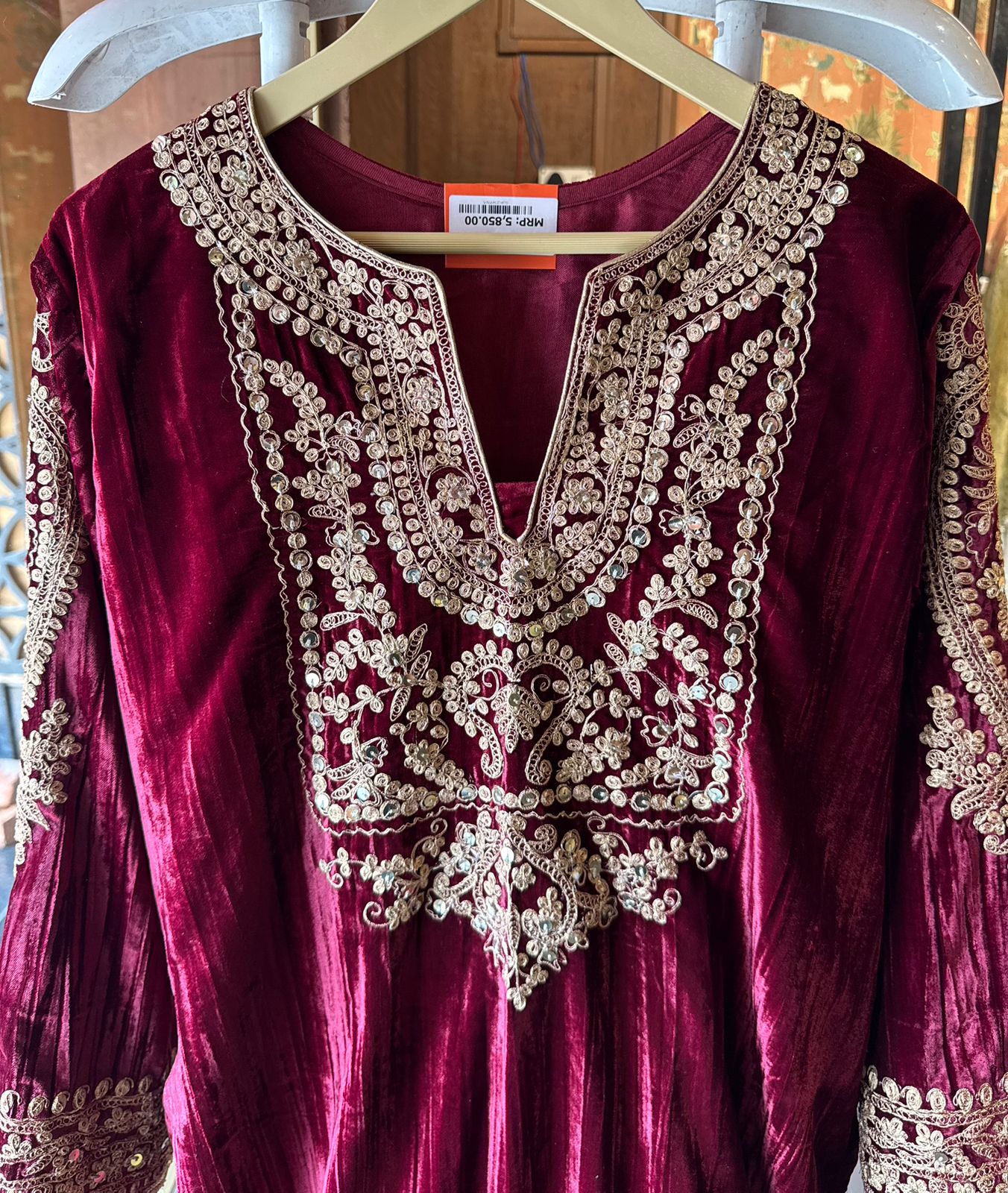 Deep purple velvet kurta set