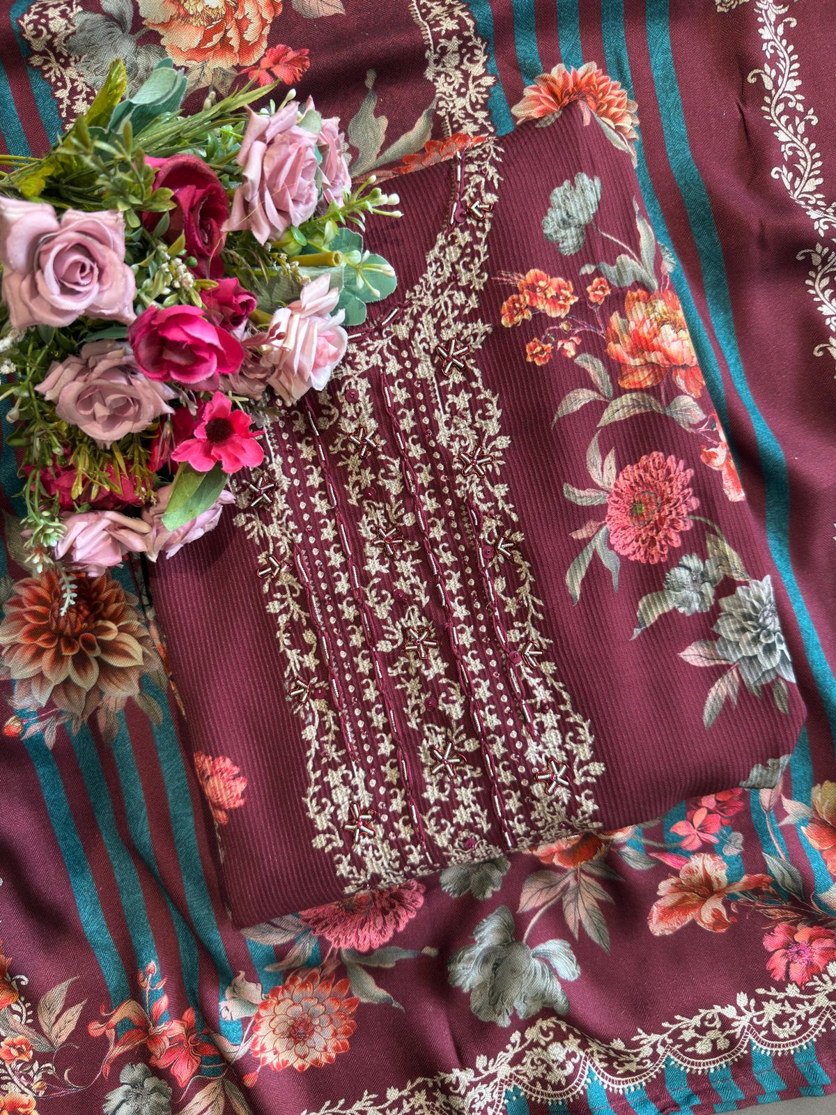 Striped pashmina Floral digital printed pashmina