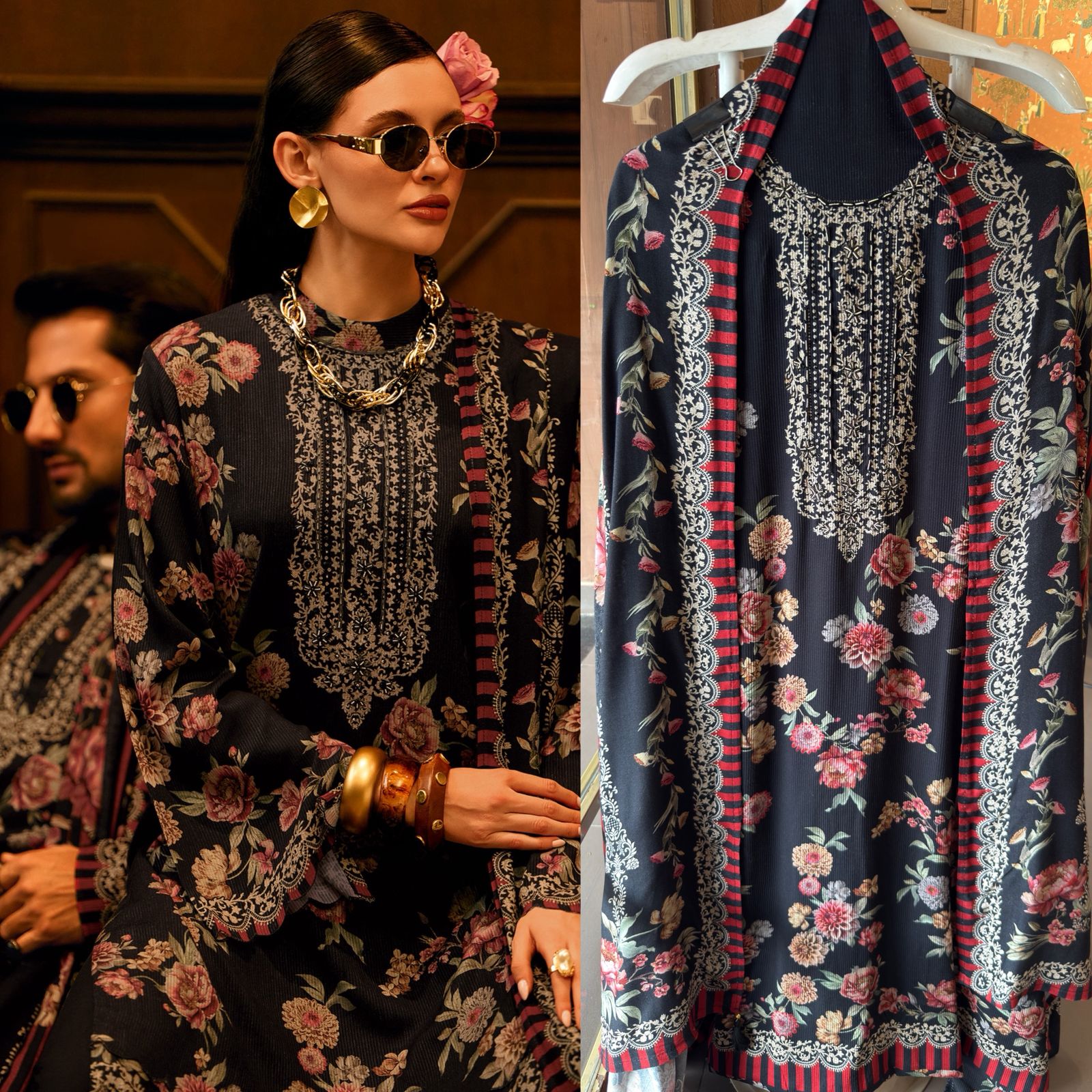 Striped pashmina Floral digital printed pashmina