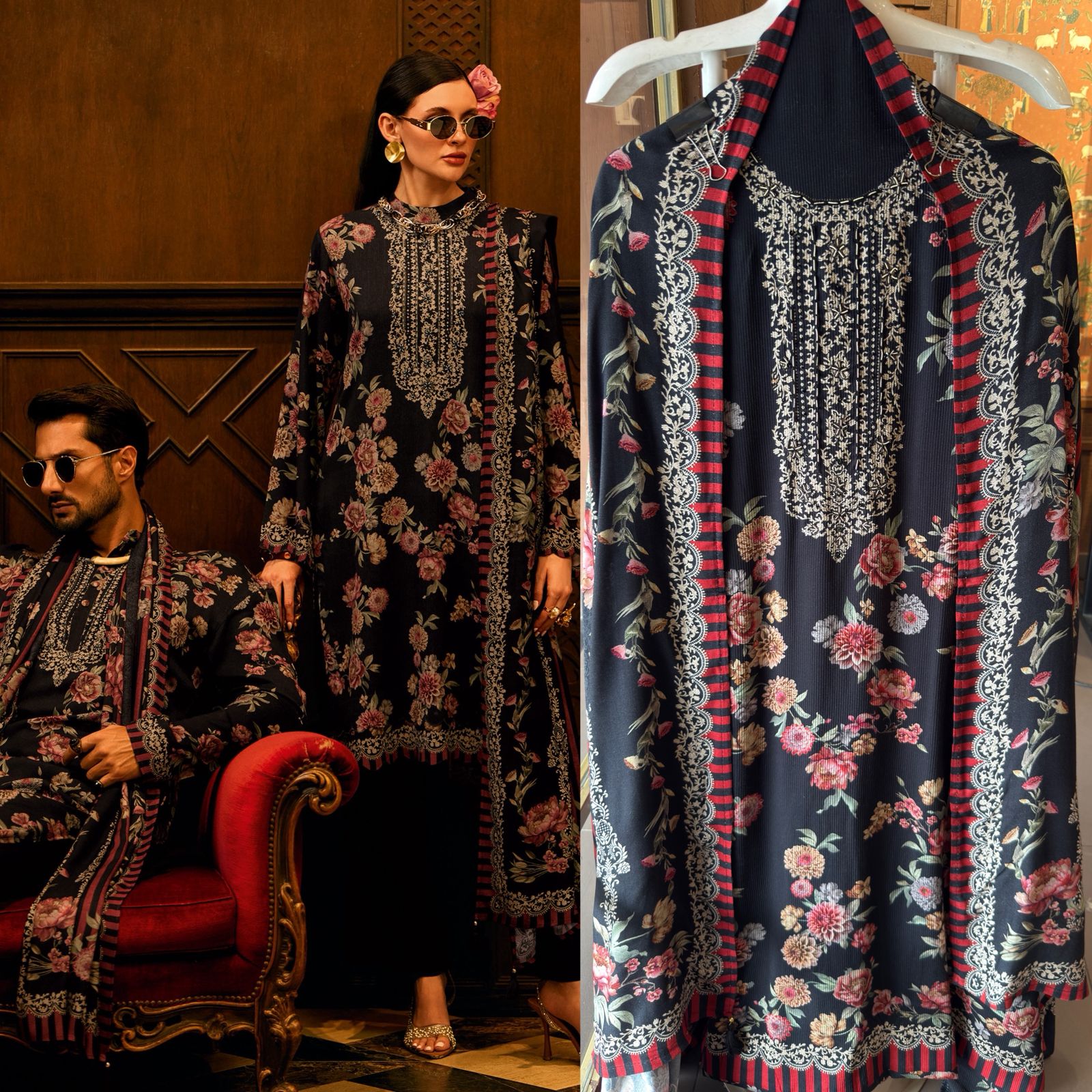 Striped pashmina Floral digital printed pashmina