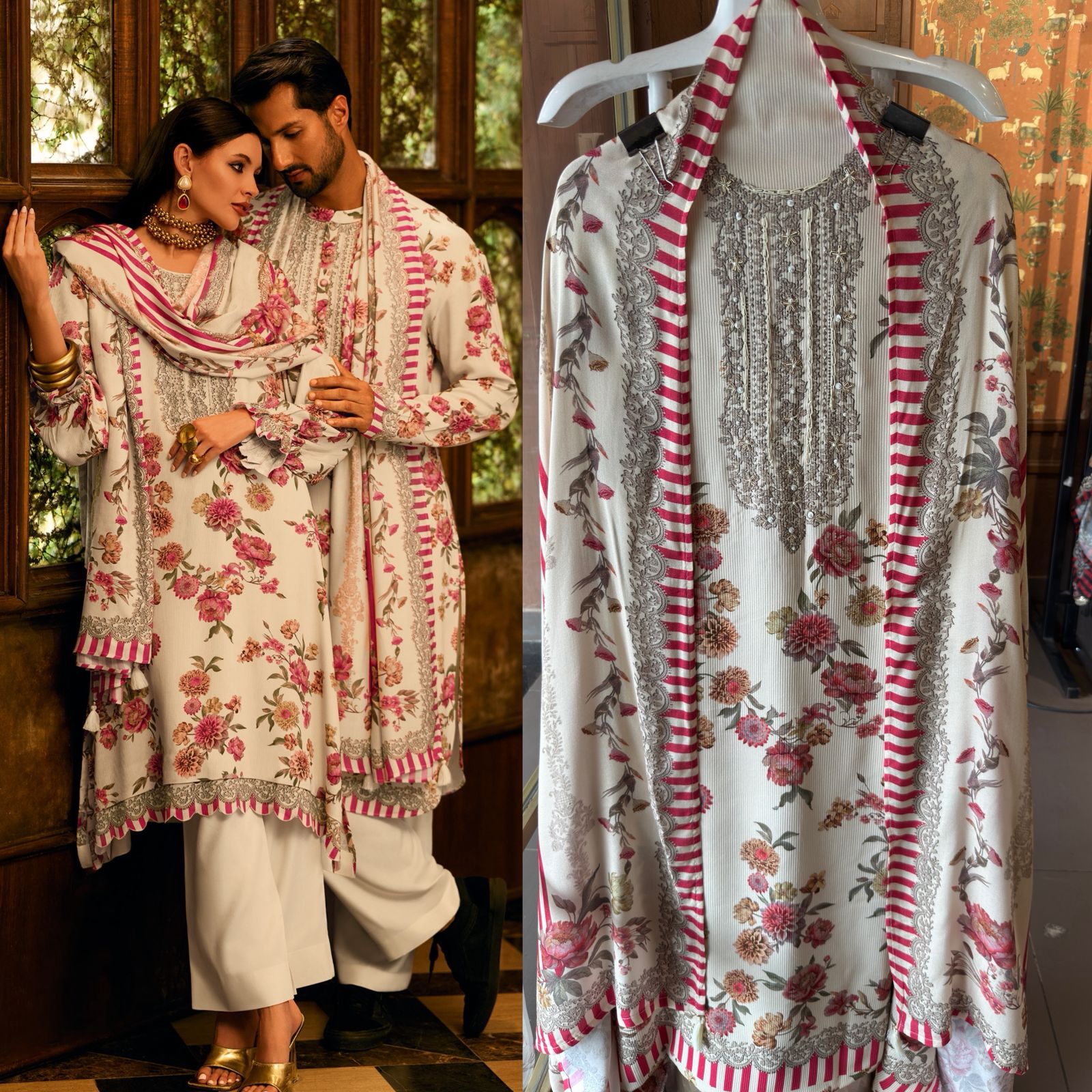 Striped pashmina Floral digital printed pashmina