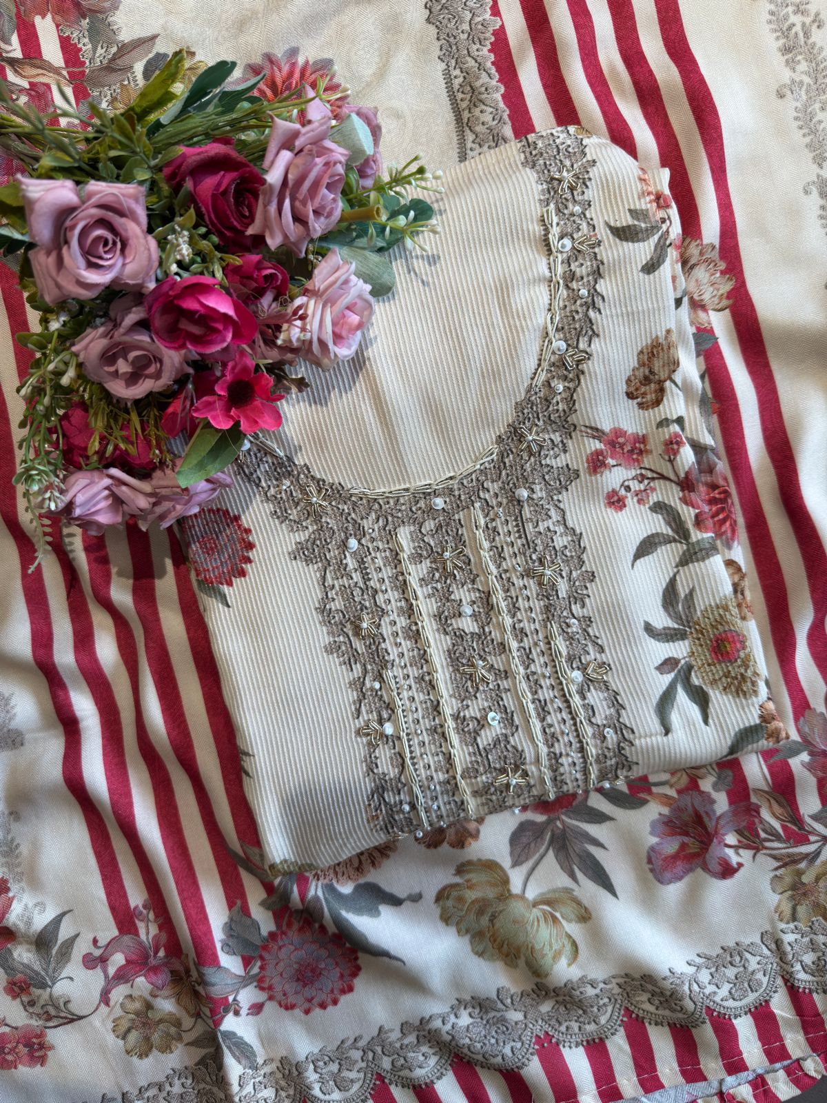 Striped pashmina Floral digital printed pashmina