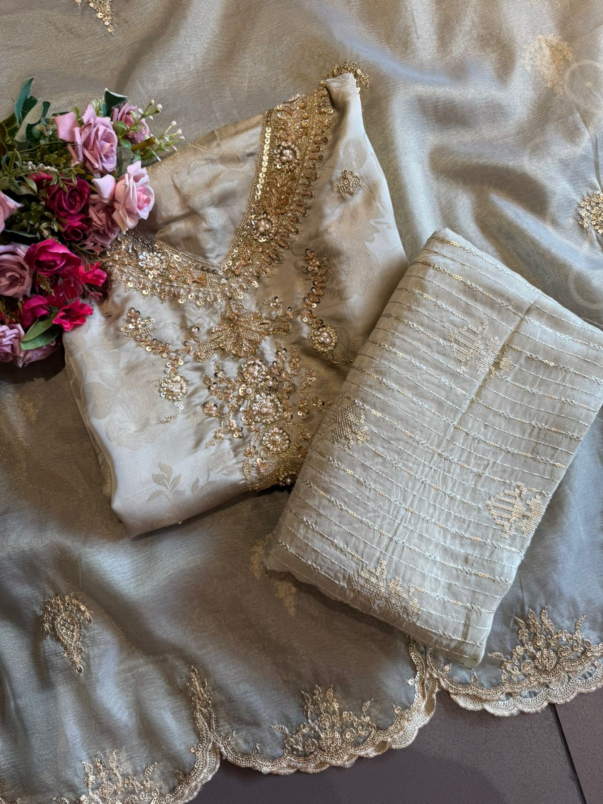 Pastel Elegance — Luxurious Hand-Embellished Organza Ensemble