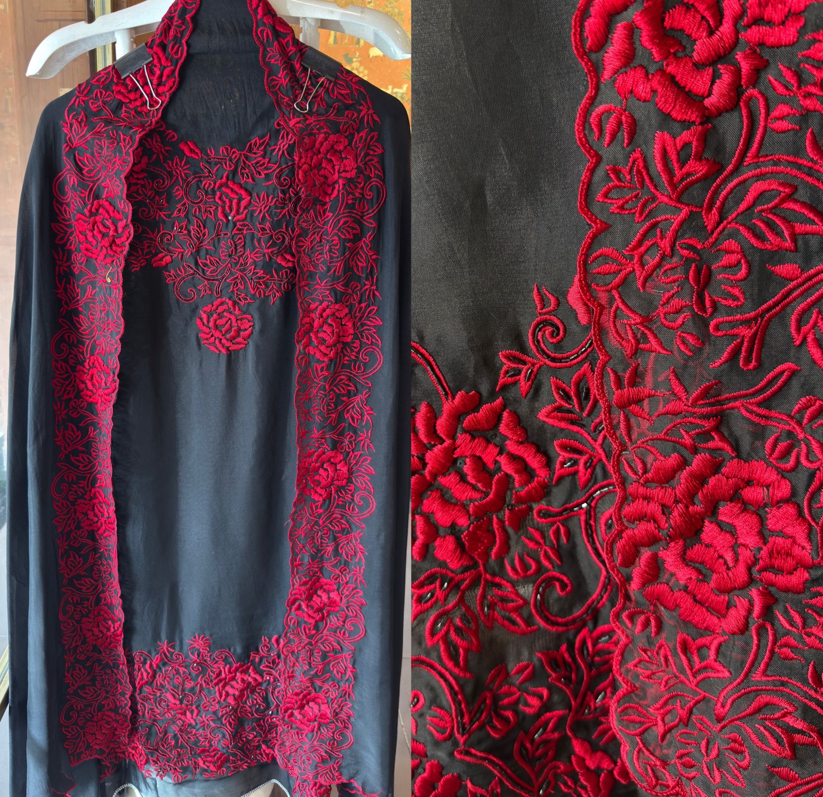 Black & Crimson Elegance – Hand-Embroidered Unstitched Suit