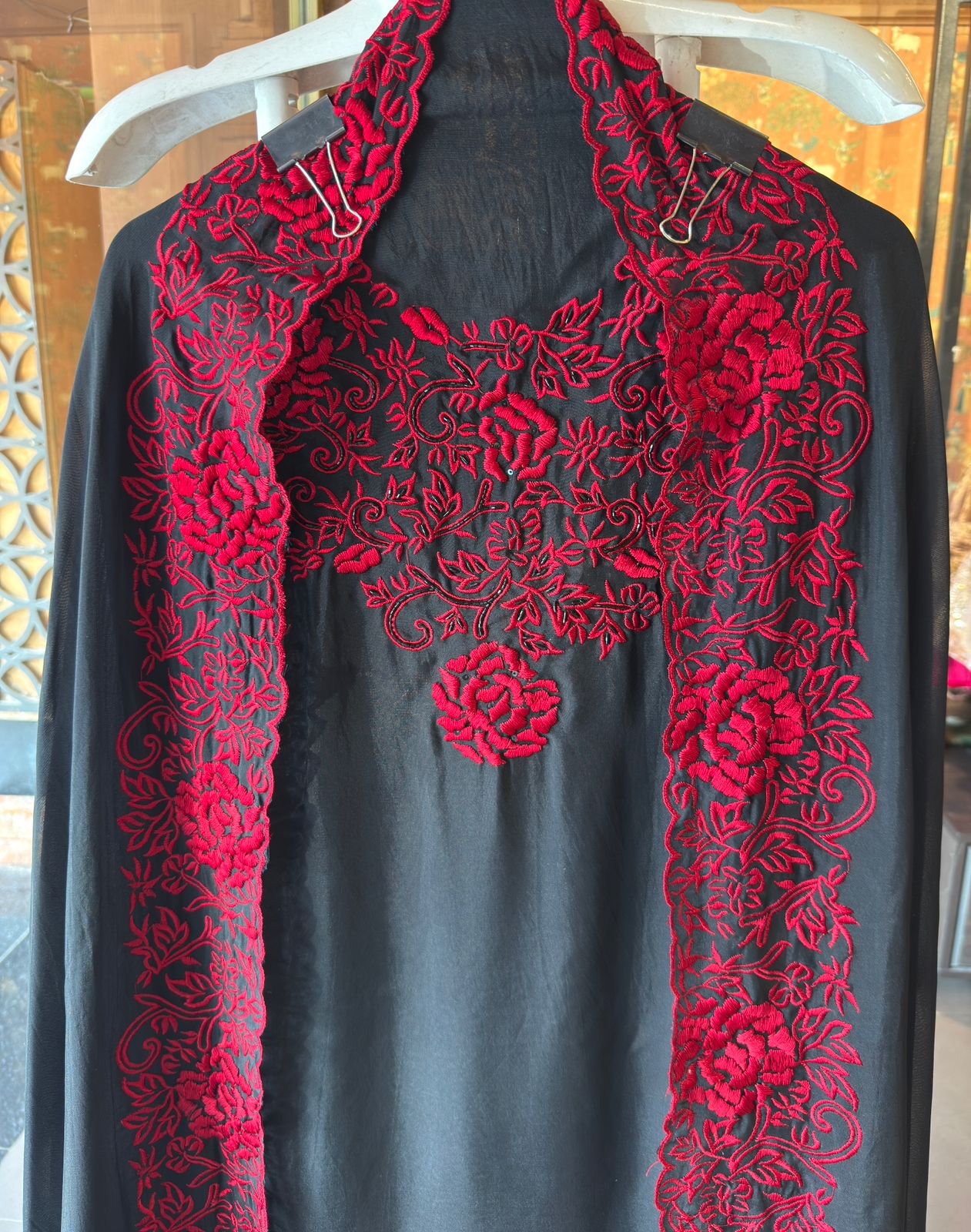 Black & Crimson Elegance – Hand-Embroidered Unstitched Suit