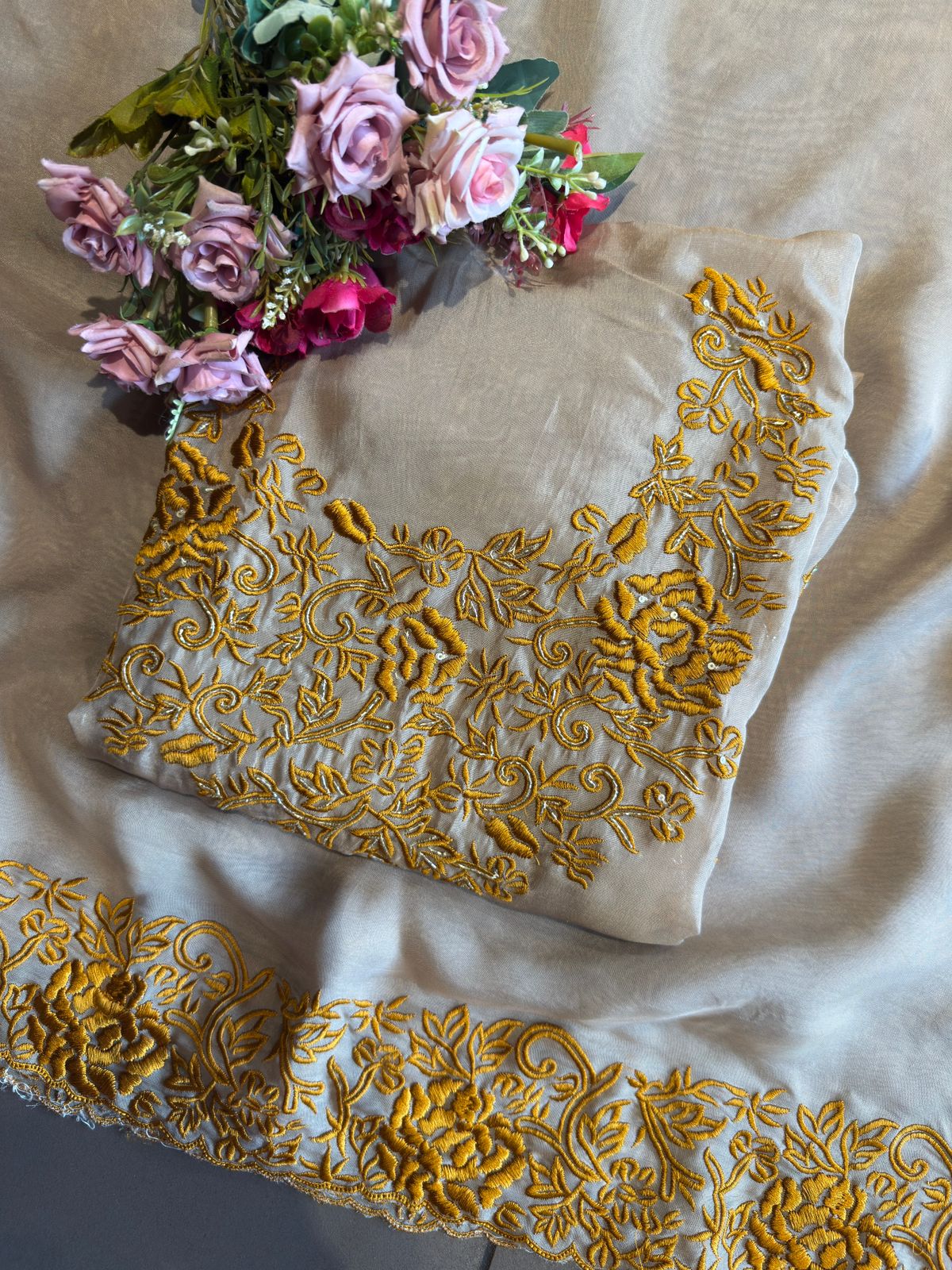 Ivory Elegance – Gold Floral Embroidered Suit