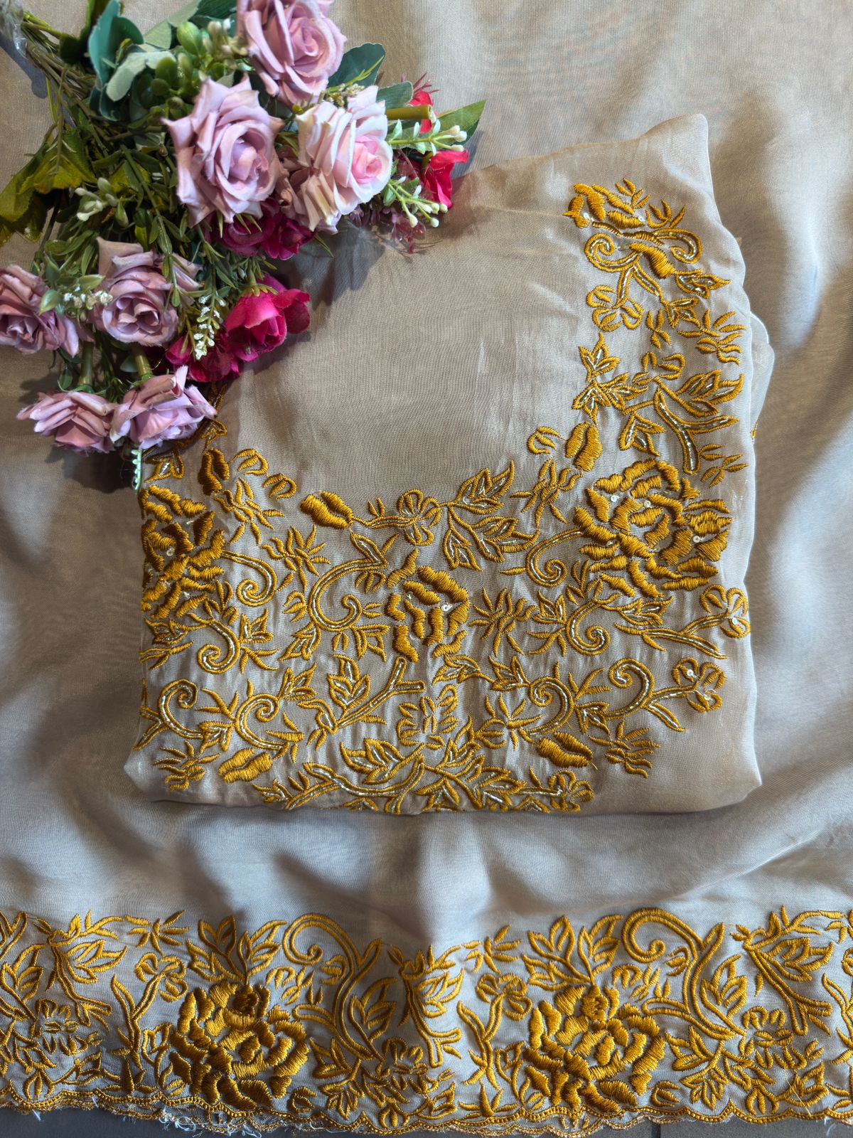 Ivory Elegance – Gold Floral Embroidered Suit