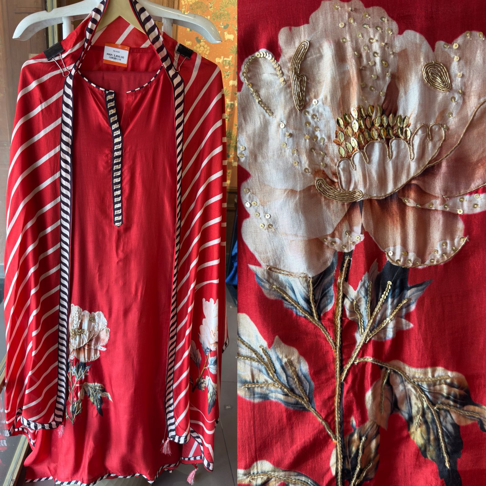 Crimson Red Floral Unstitched Suit