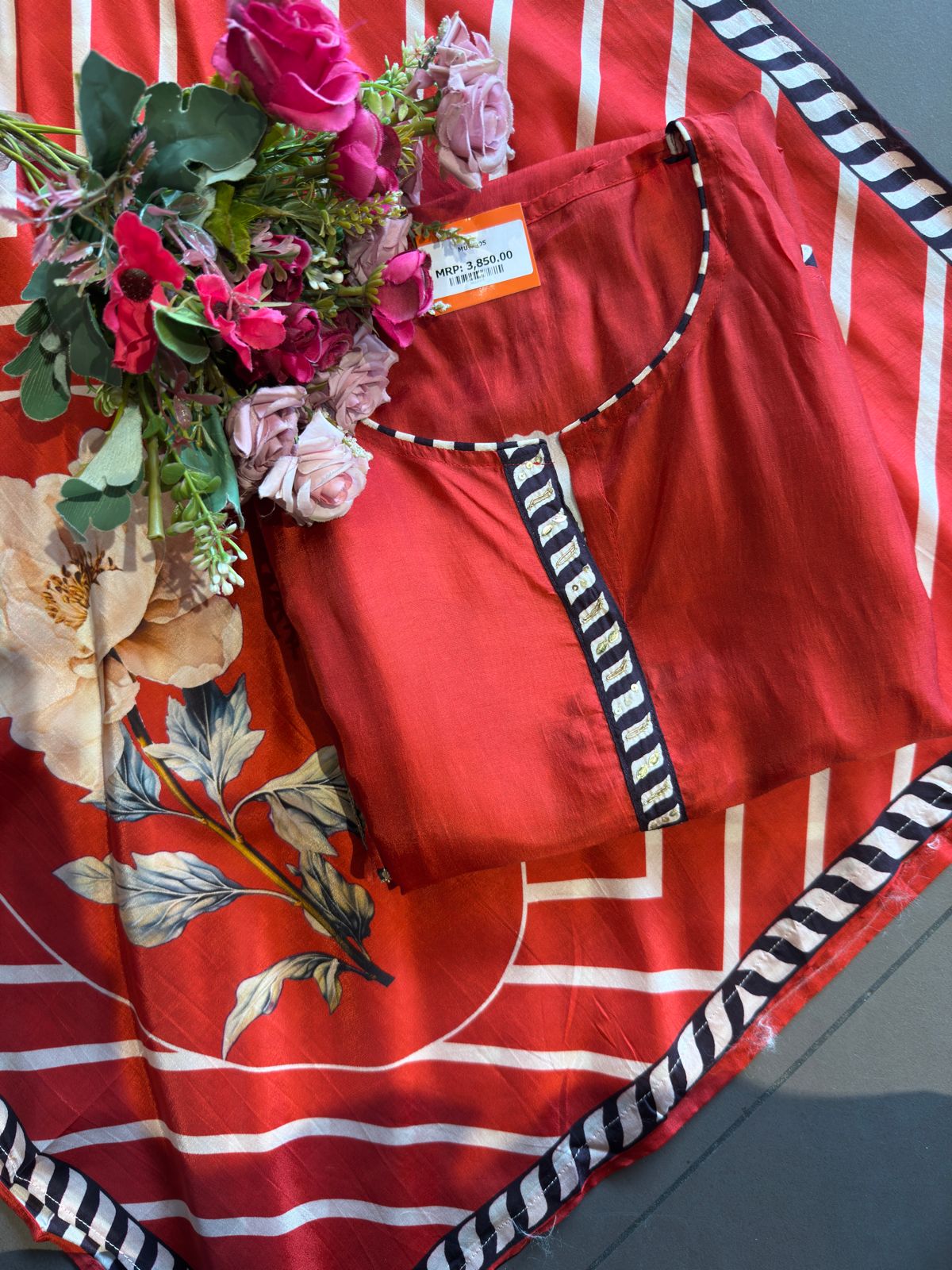 Crimson Red Floral Unstitched Suit