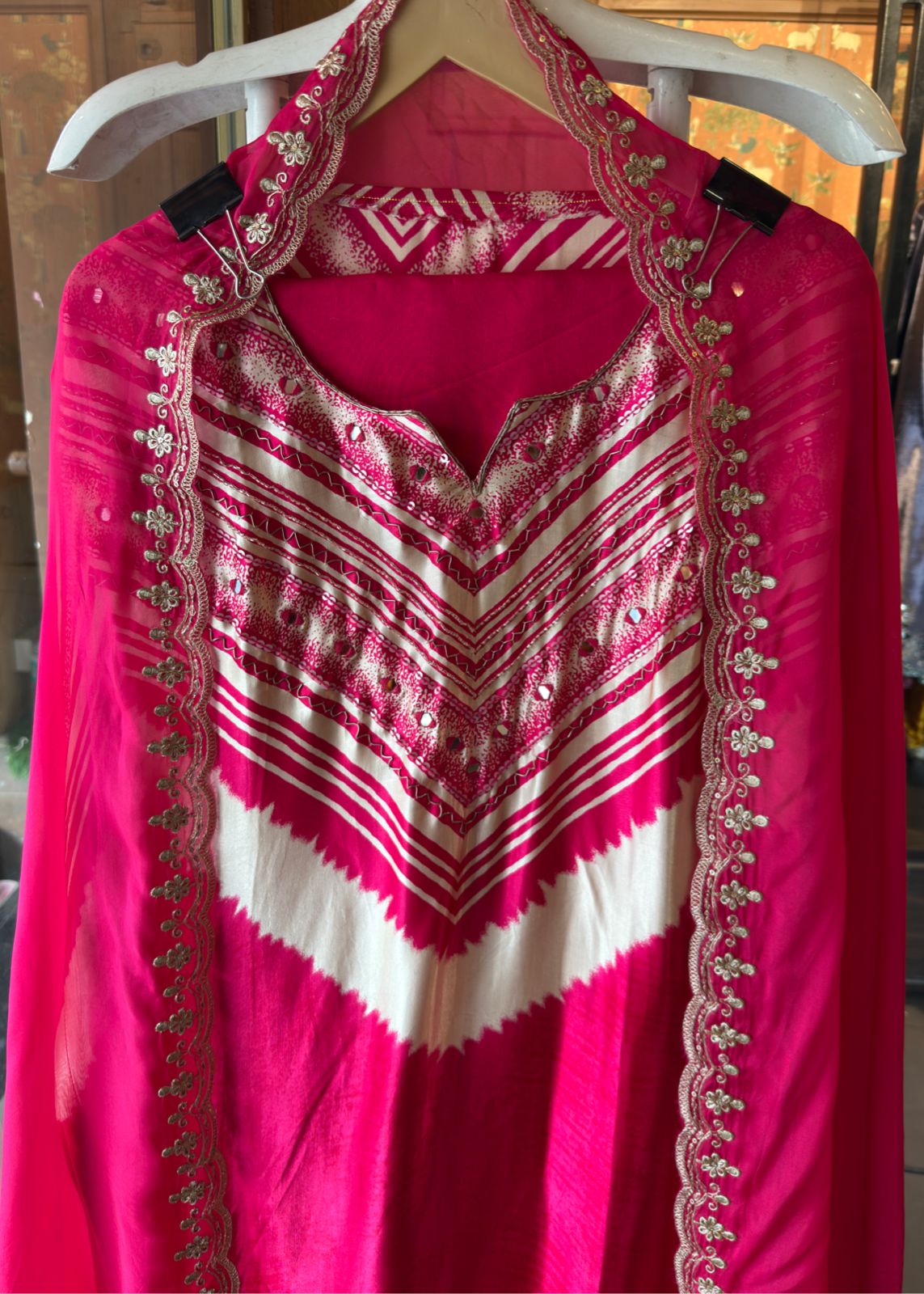 Fuchsia Pink Satin Silk Unstitched Suit