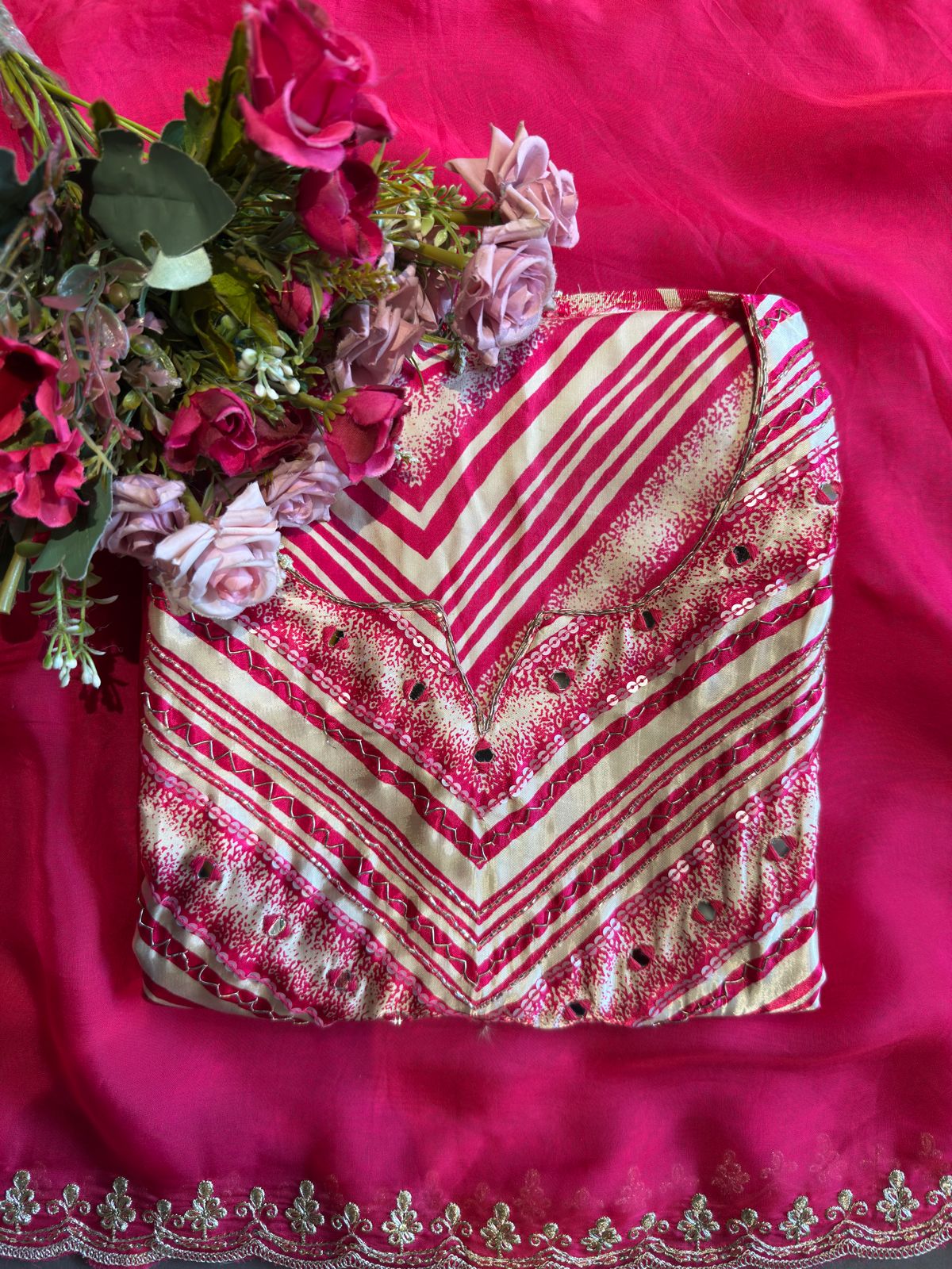 Fuchsia Pink Satin Silk Unstitched Suit