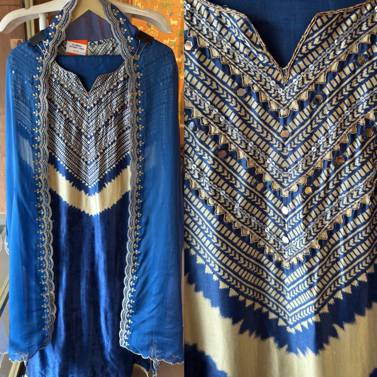 Navy Blue Satin Silk Unstitched Suit