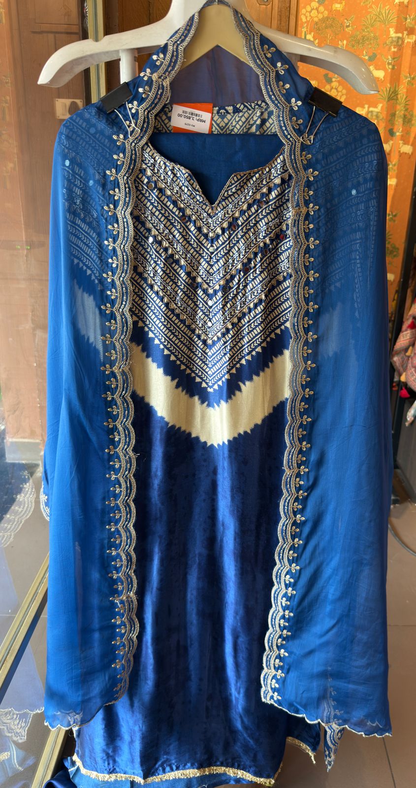 Navy Blue Satin Silk Unstitched Suit