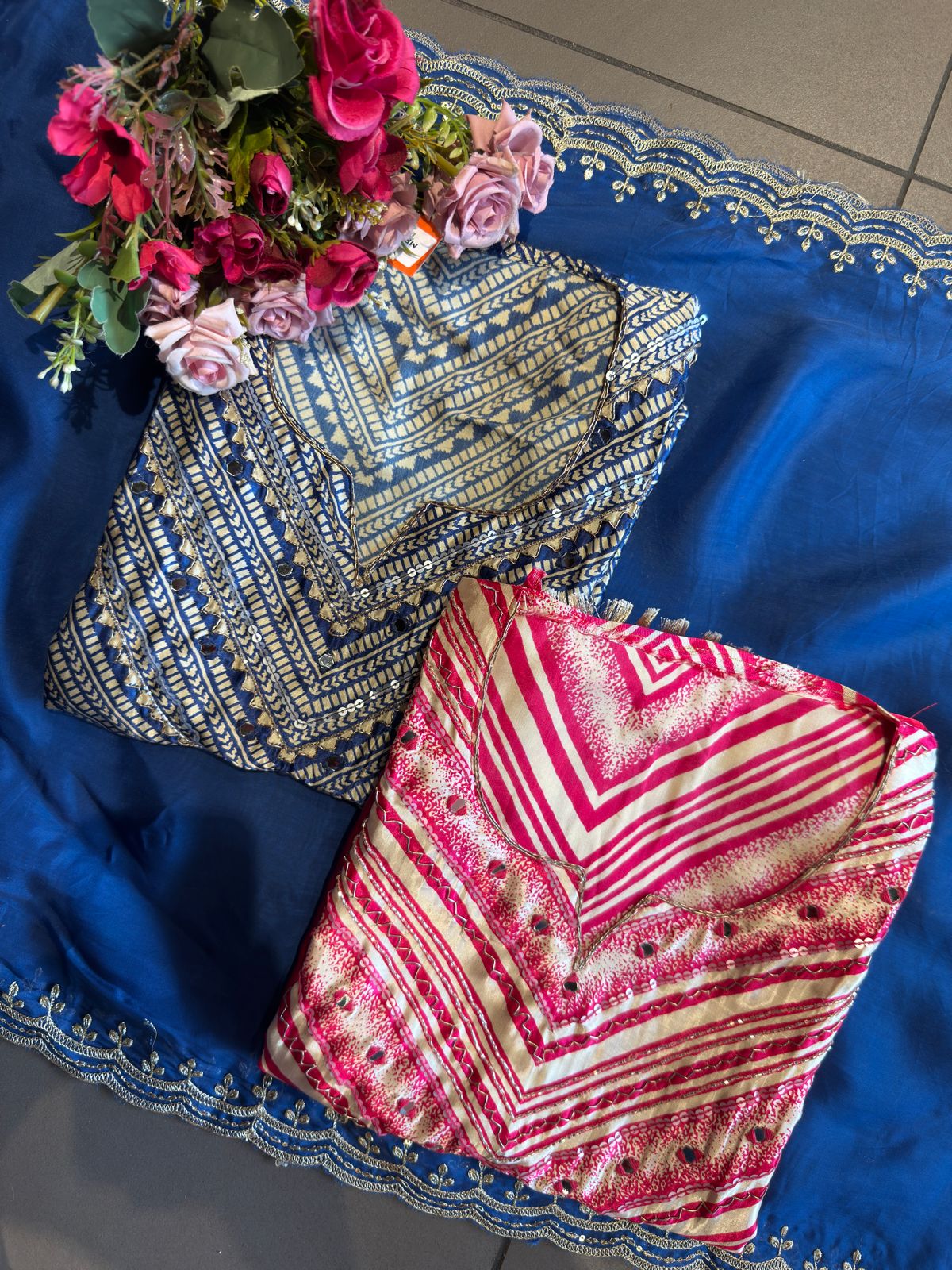 Navy Blue Satin Silk Unstitched Suit