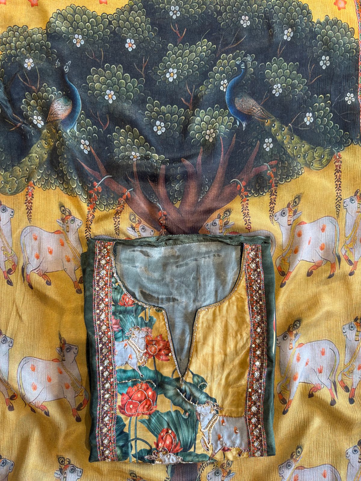 Pichwai Art Digital Printed Crepe Unstitched Suit