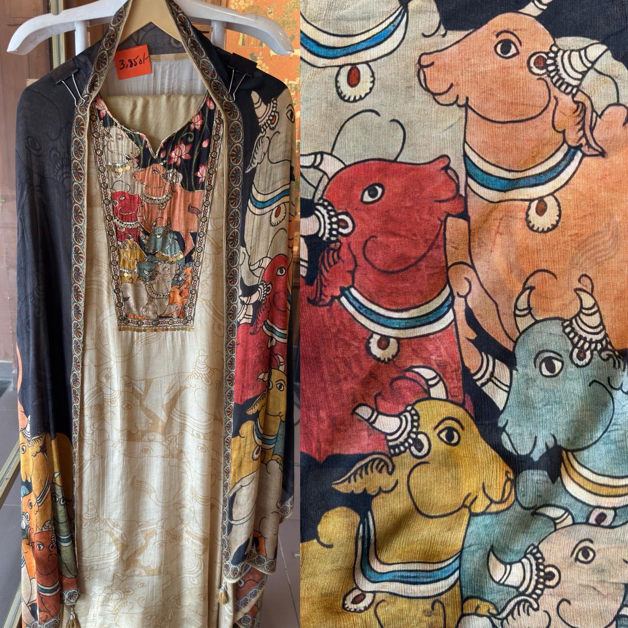 Sacred Grace: Cow-Themed Digital Printed Crepe Suit