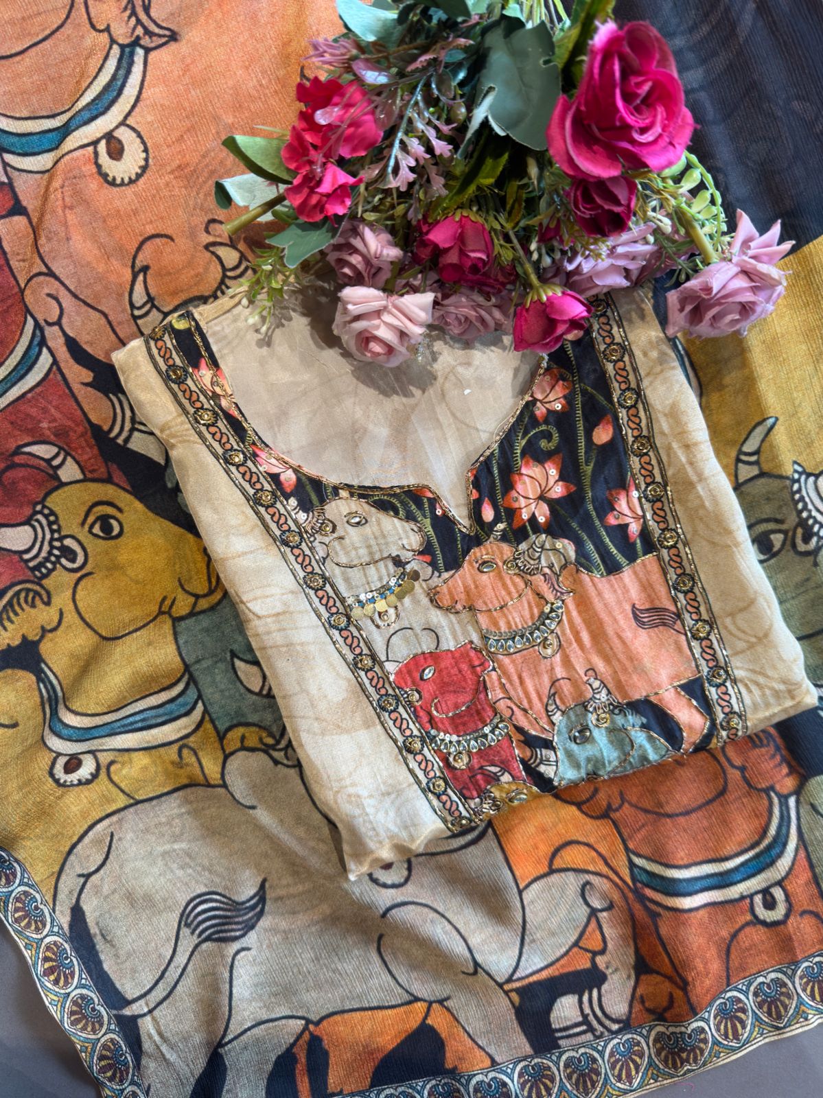 Sacred Grace: Cow-Themed Digital Printed Crepe Suit