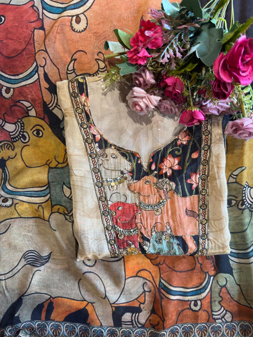 Sacred Grace: Cow-Themed Digital Printed Crepe Suit