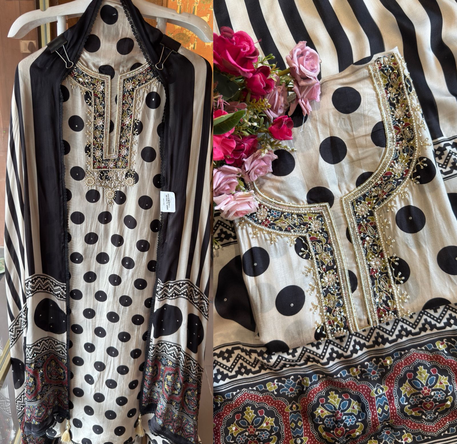 Monochrome Majesty: Polka Dot & Mughal Motif Unstitched Suit