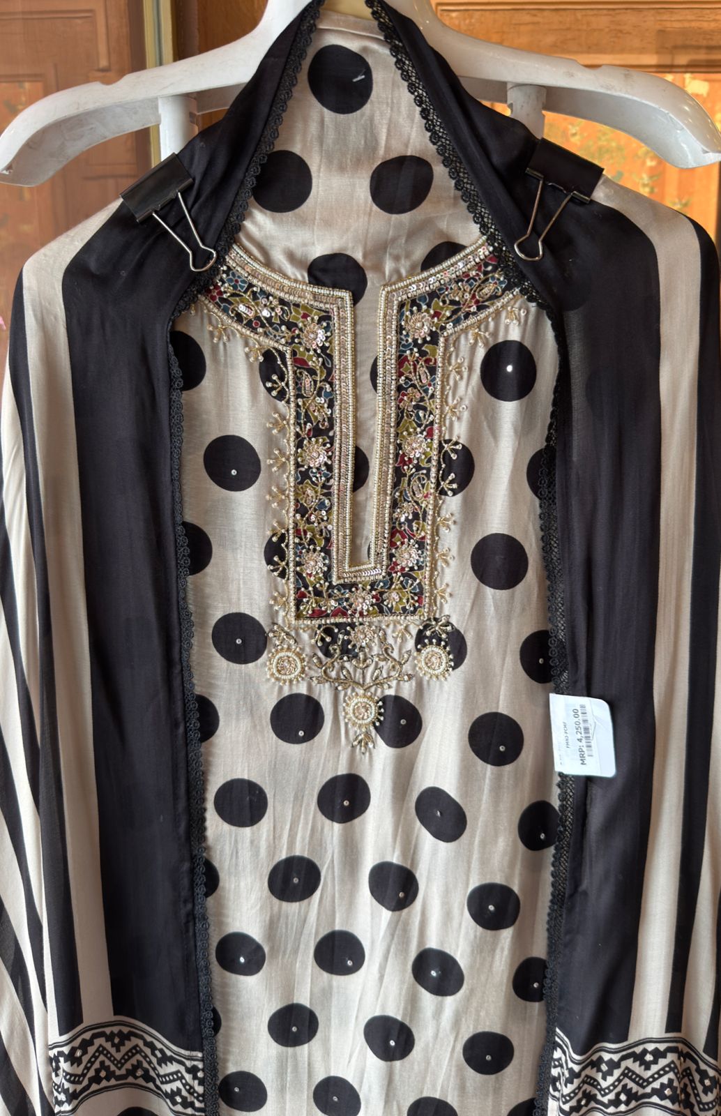Monochrome Majesty: Polka Dot & Mughal Motif Unstitched Suit