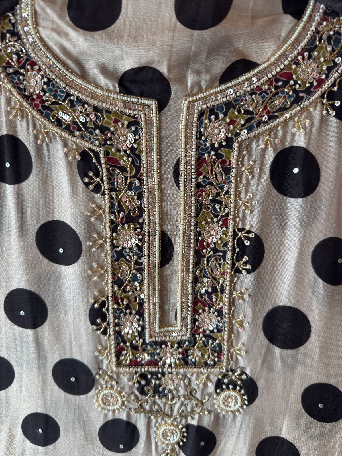 Monochrome Majesty: Polka Dot & Mughal Motif Unstitched Suit