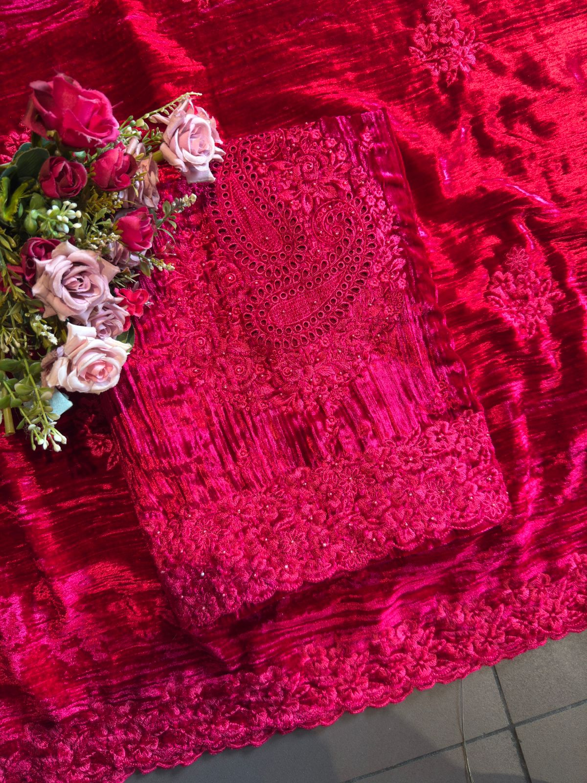 Crushed velvet Heavy Paisley thread embroidered Suit