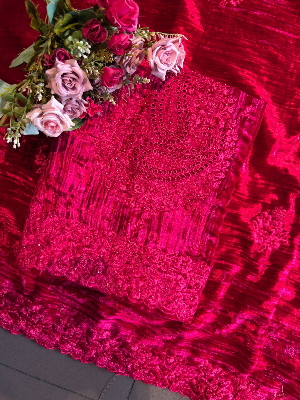 Crushed velvet Heavy Paisley thread embroidered Suit