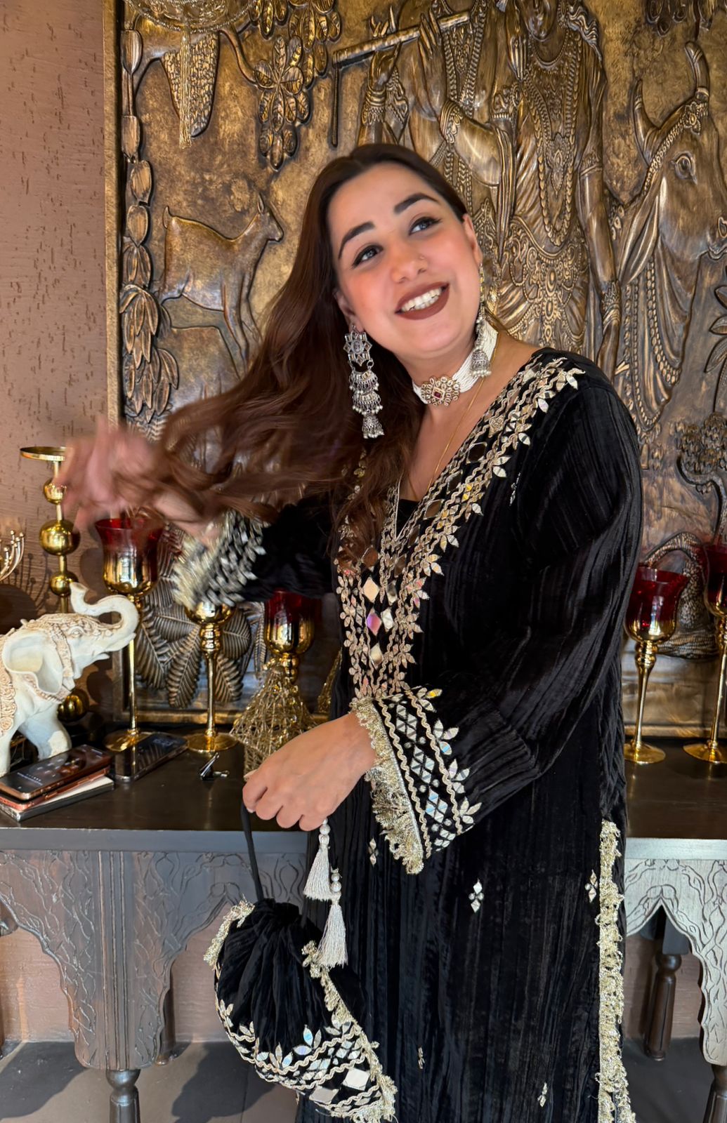 Crushed velvet long Kurta set