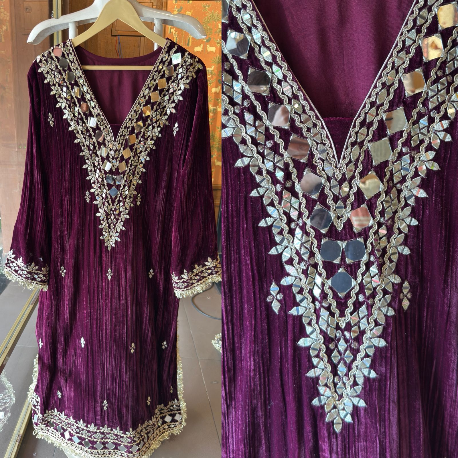 Crushed velvet long Kurta set