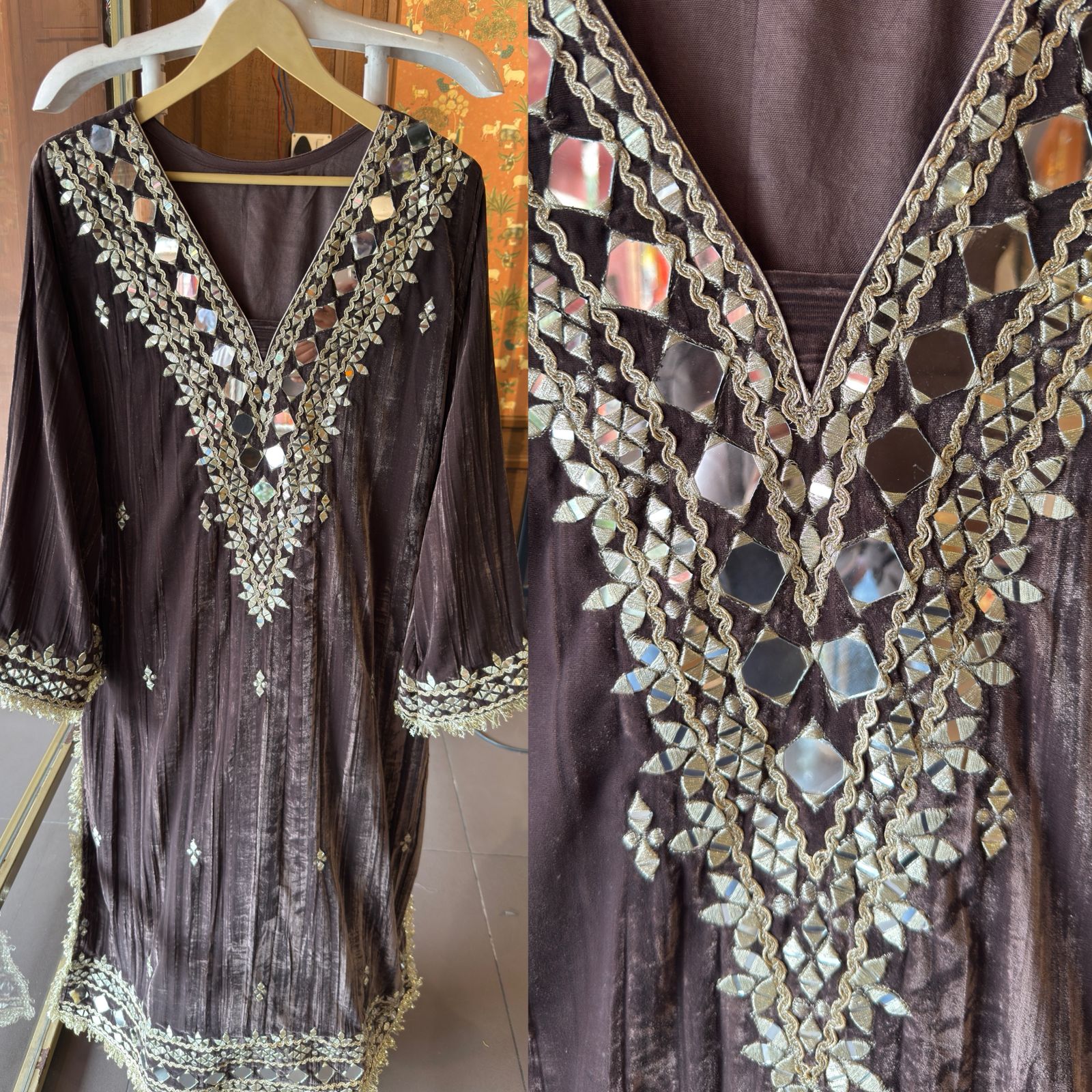 Crushed velvet long Kurta set