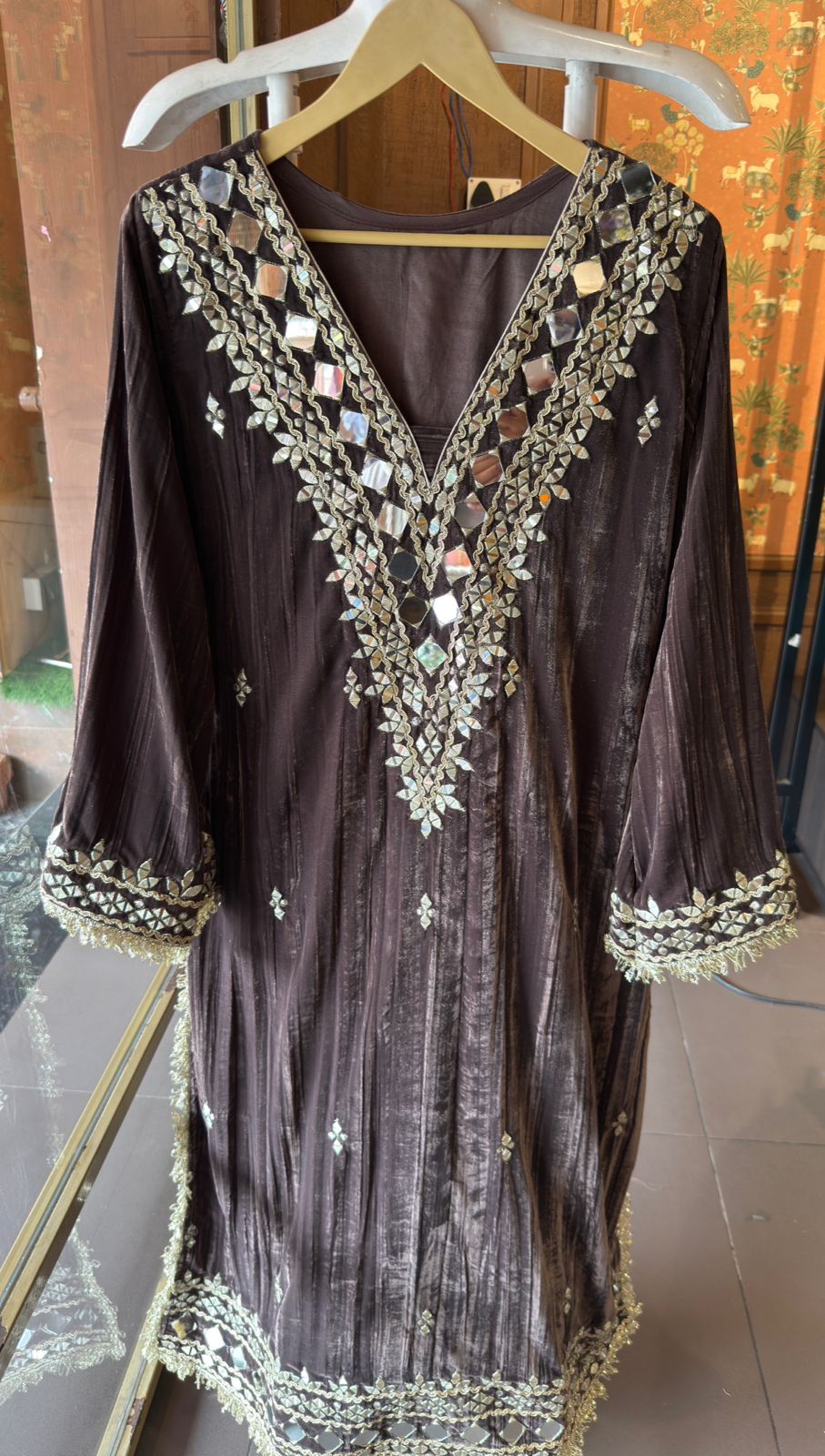 Crushed velvet long Kurta set