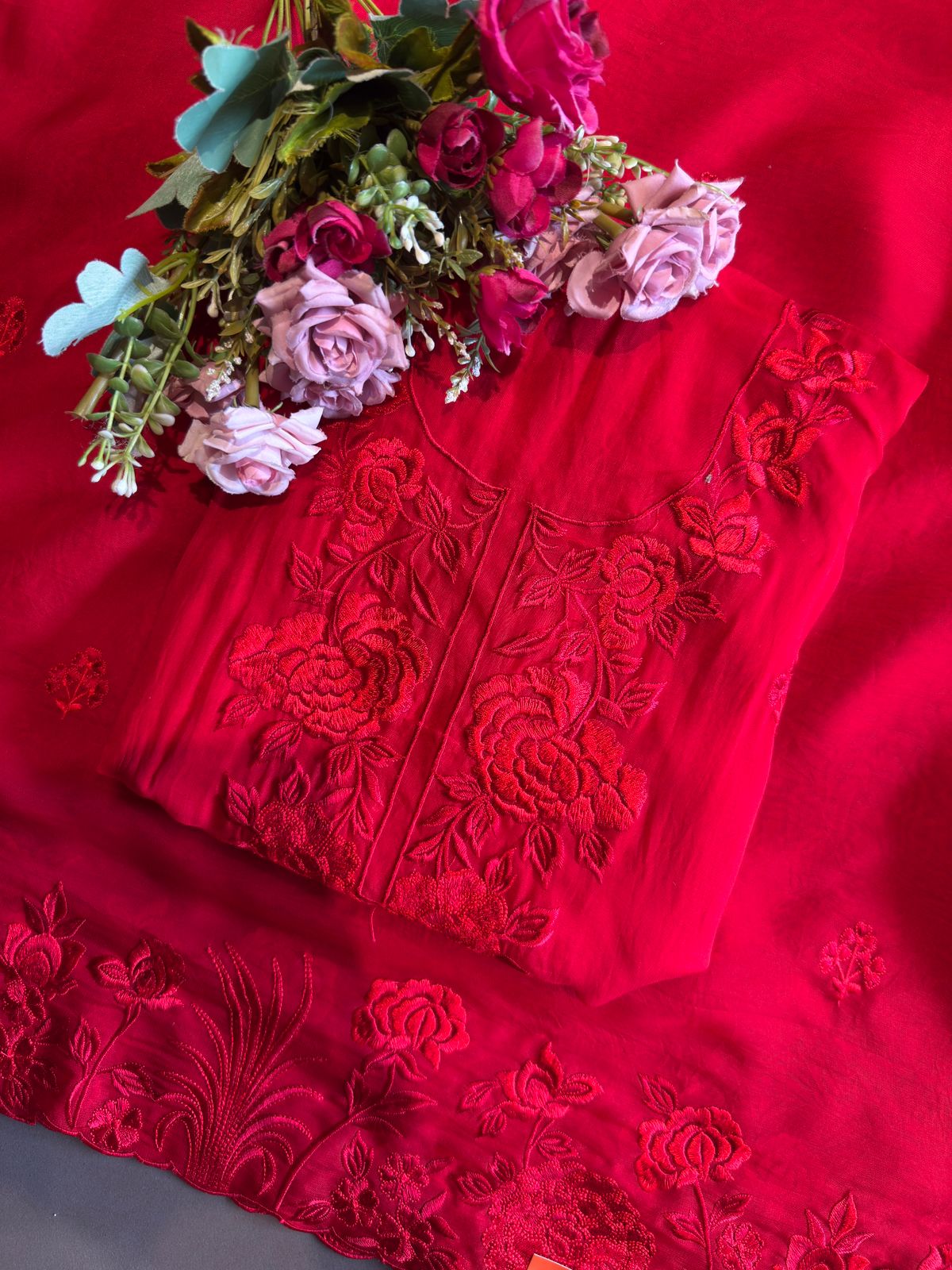 Red Resham Embroidered Unstitched Suit