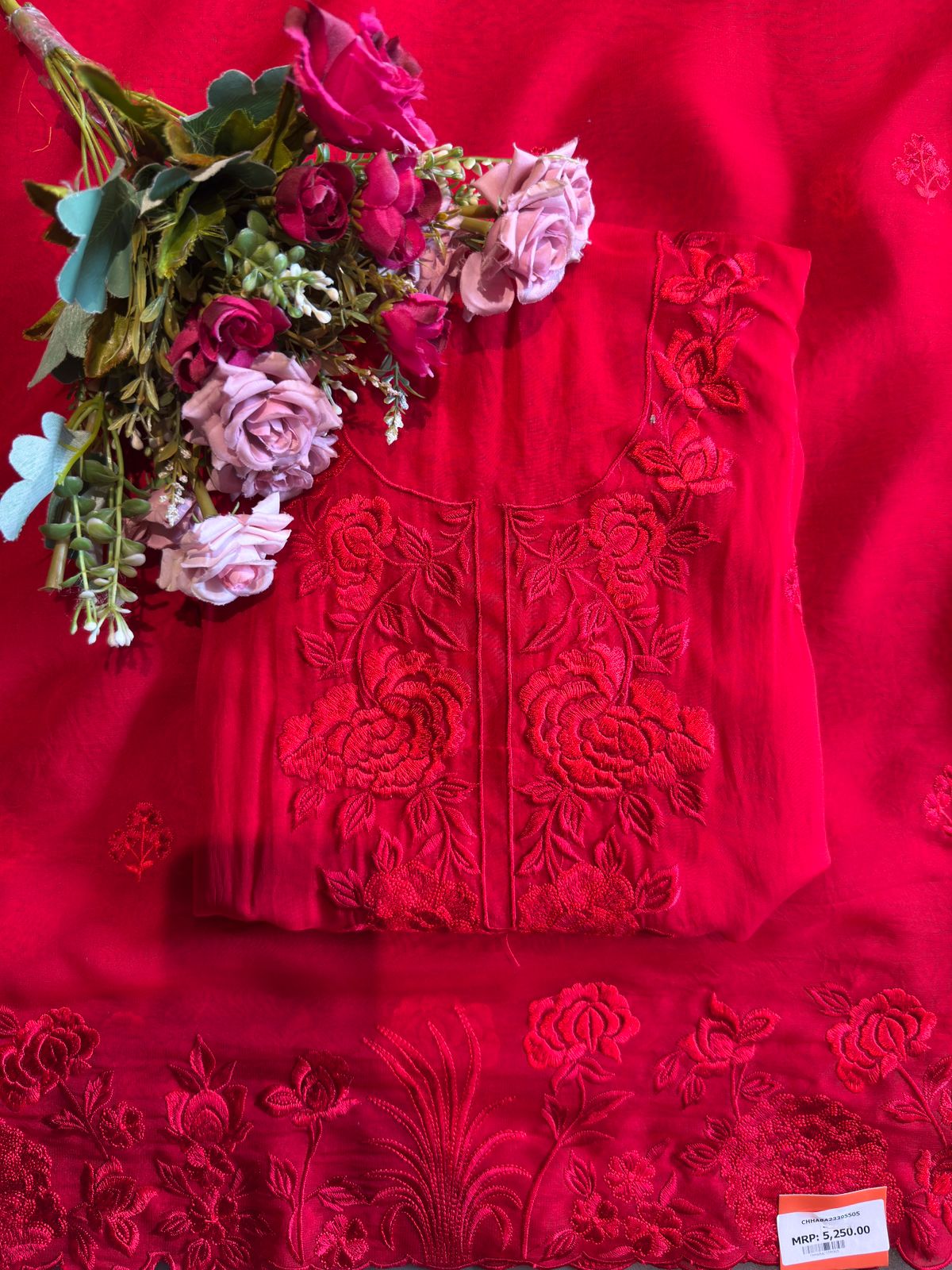 Red Resham Embroidered Unstitched Suit