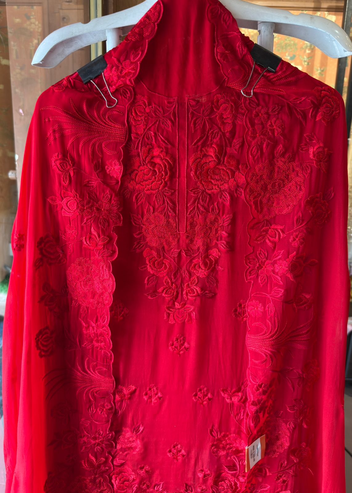 Red Resham Embroidered Unstitched Suit