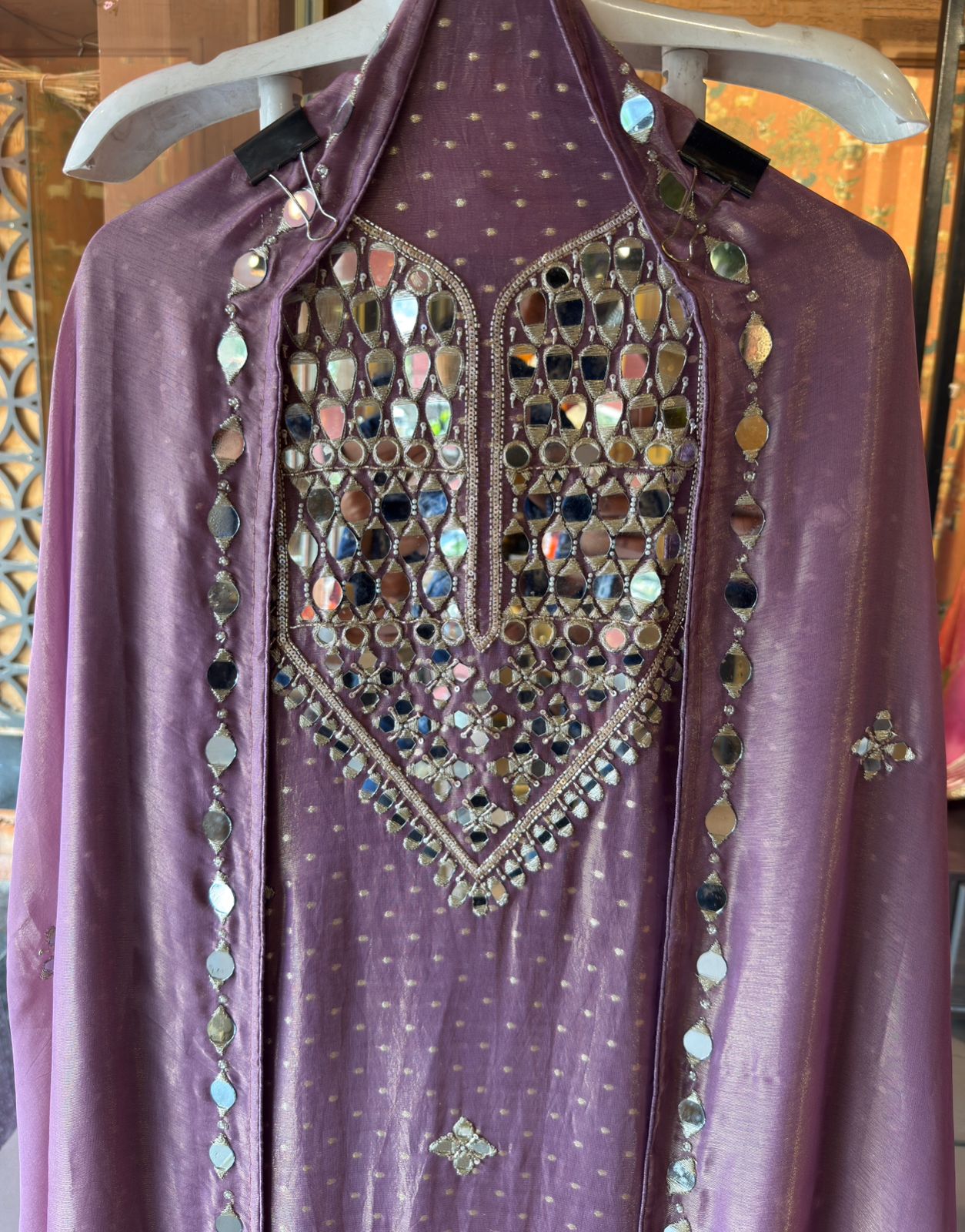 Luxury Tissue Suit with Intricate Mirror Embroidery & Opada Silk Bottoms