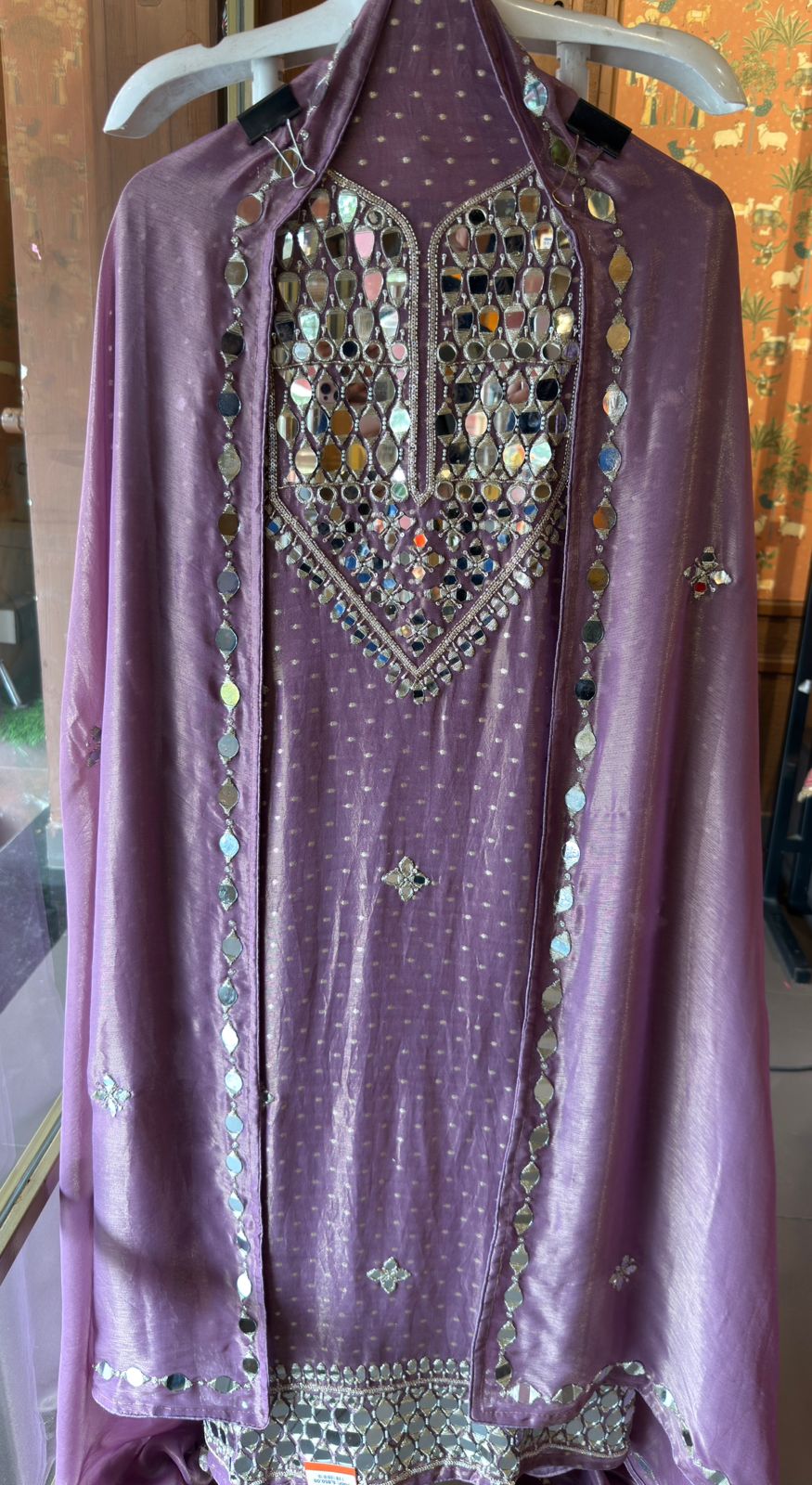 Luxury Tissue Suit with Intricate Mirror Embroidery & Opada Silk Bottoms