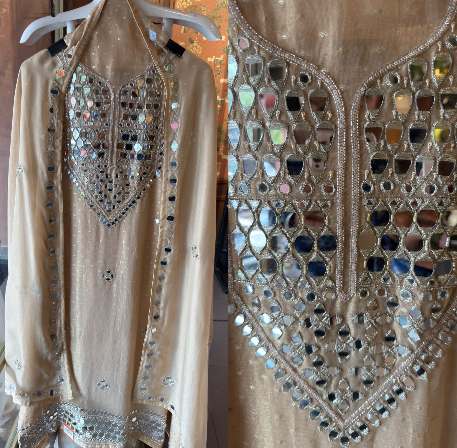 Luxury Tissue Suit with Intricate Mirror Embroidery & Opada Silk Bottoms