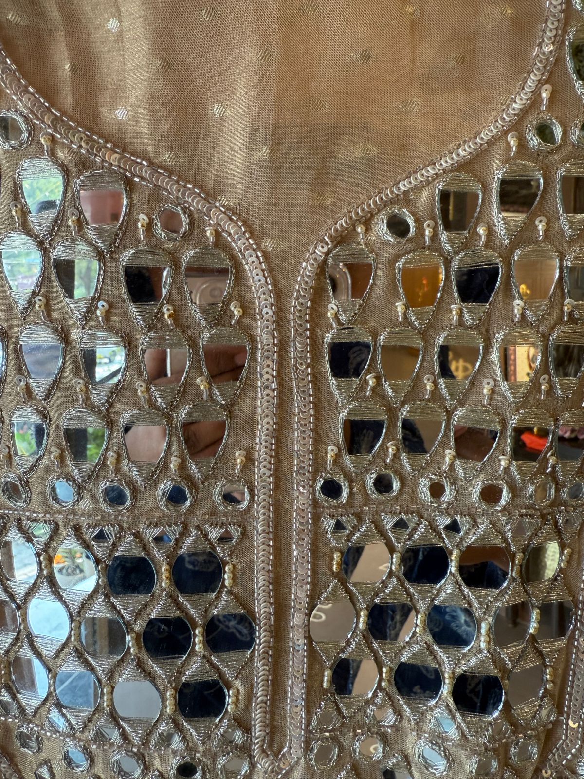 Luxury Tissue Suit with Intricate Mirror Embroidery & Opada Silk Bottoms