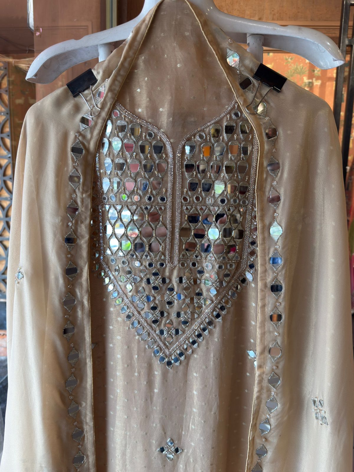 Luxury Tissue Suit with Intricate Mirror Embroidery & Opada Silk Bottoms