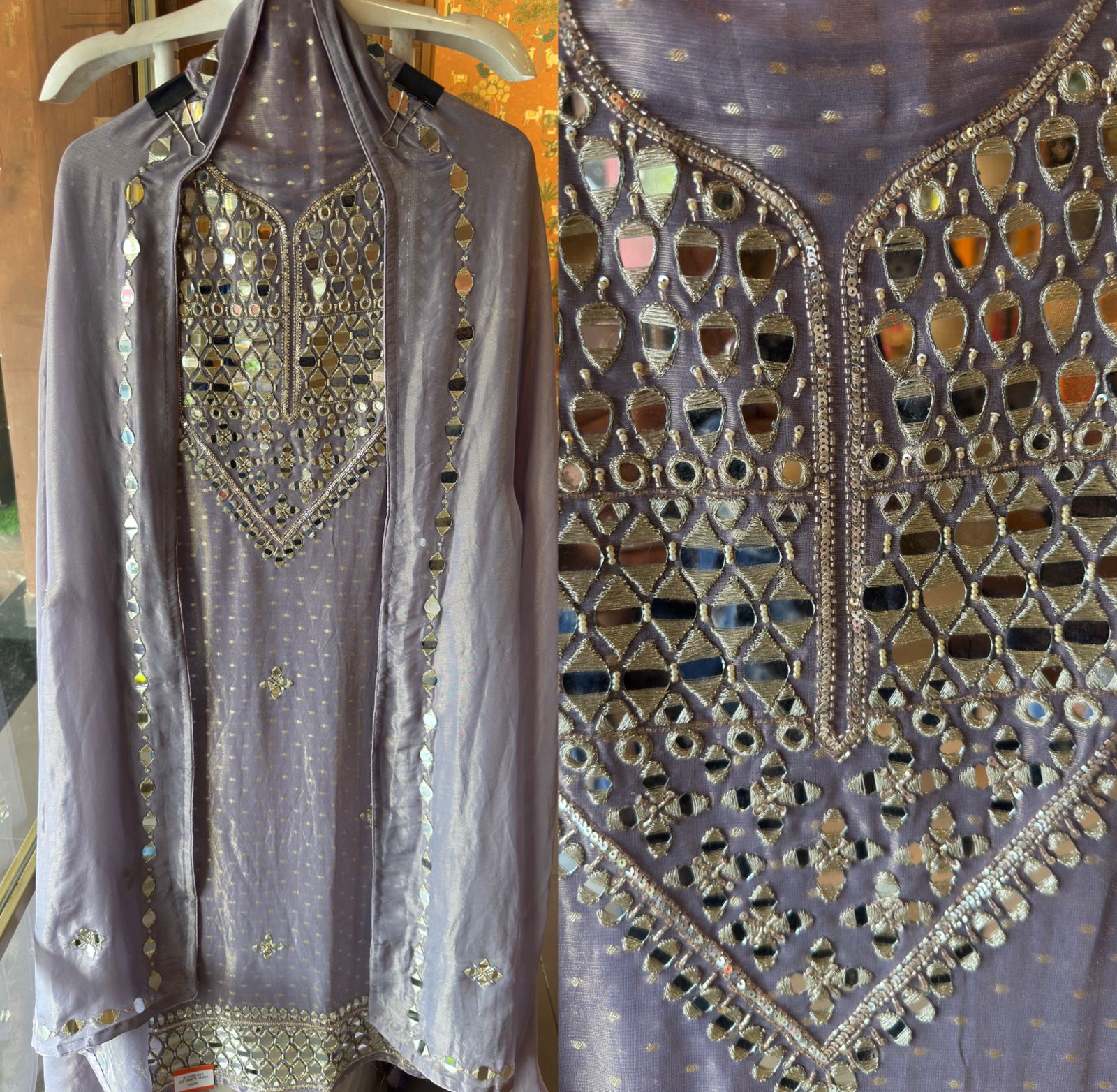 Luxury Tissue Suit with Intricate Mirror Embroidery & Opada Silk Bottoms